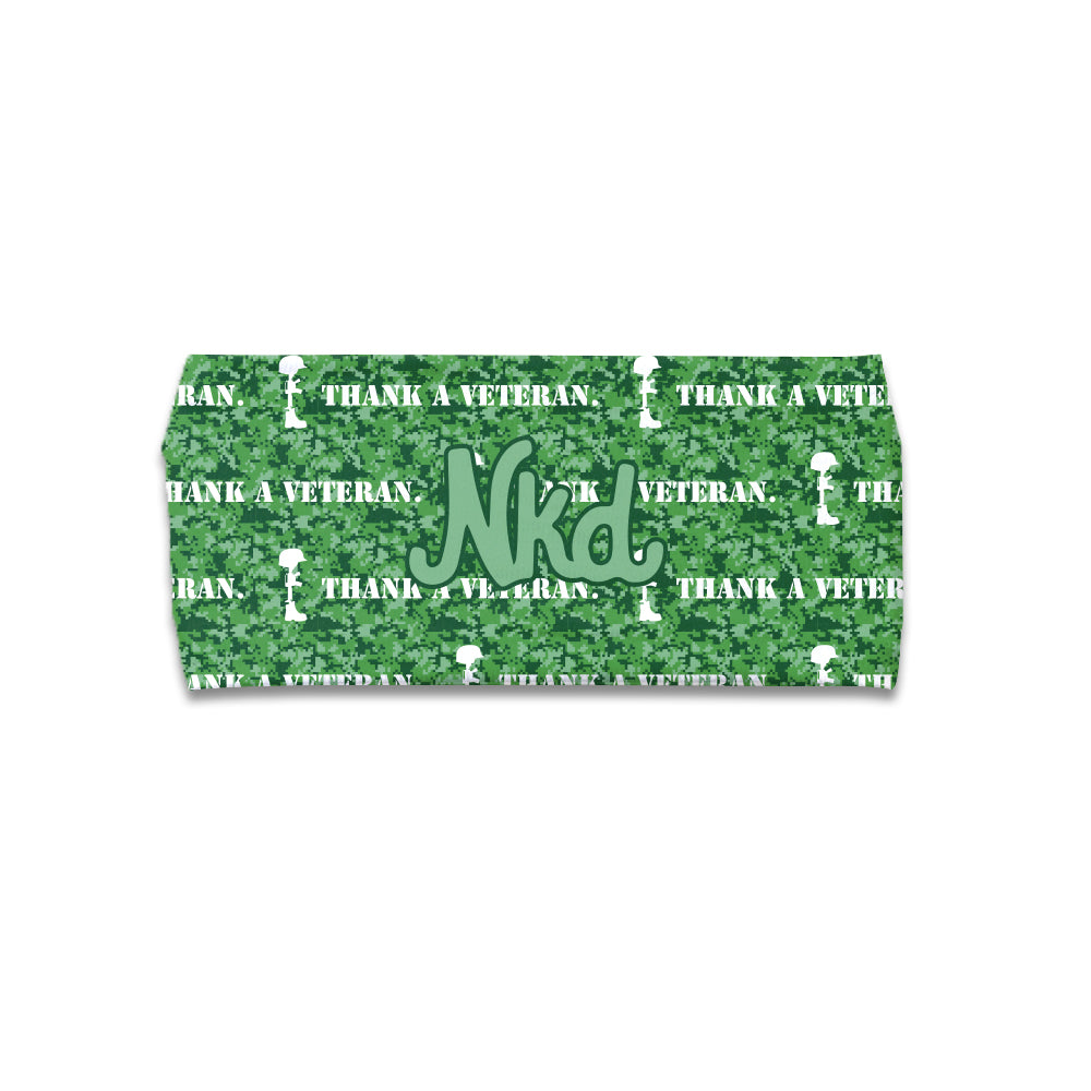 Photo of a headband decorated with green camouflage and the words thank a veteran on it with a green NKD in the middle on a white background.