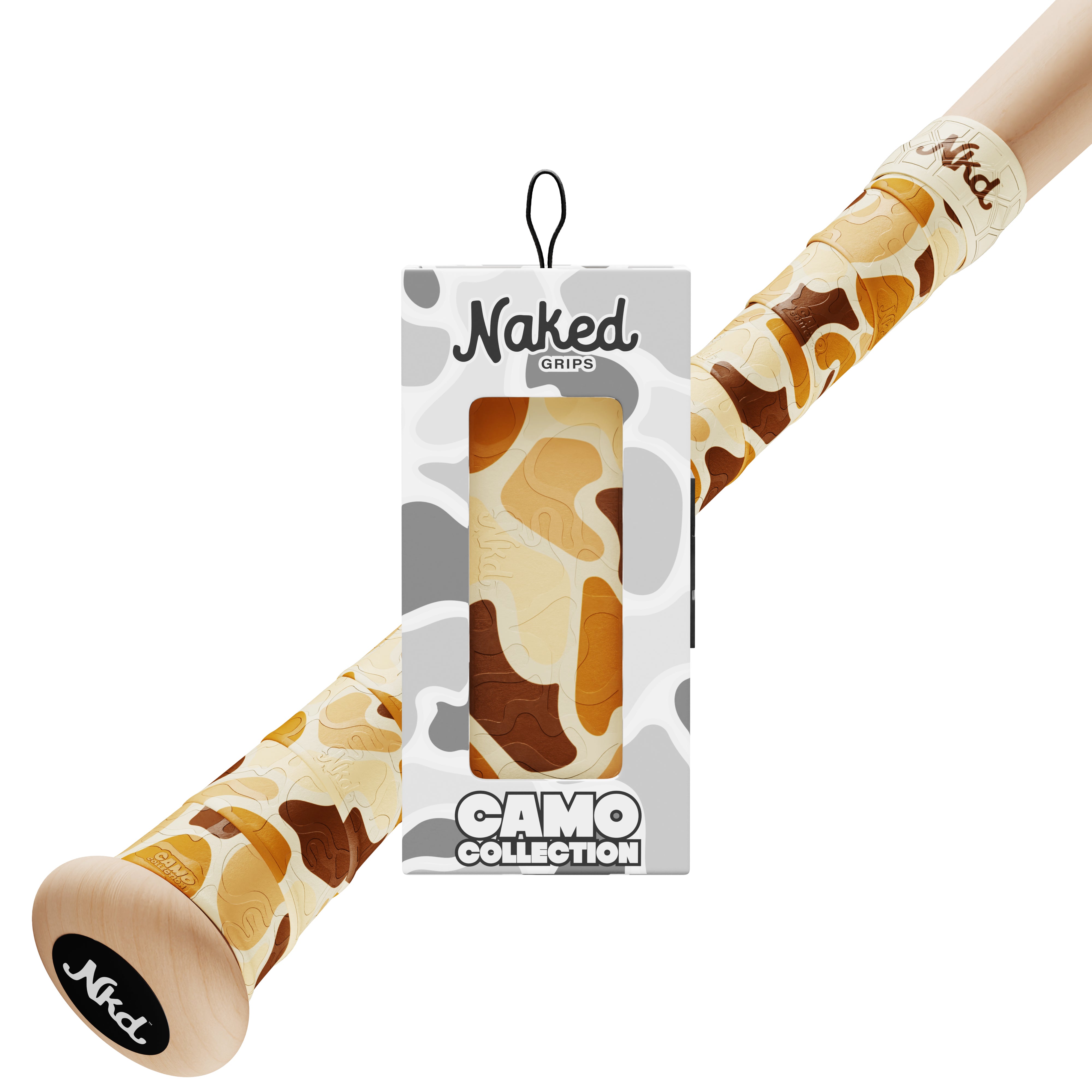 Naked grips camo collection grip box with wood bat handle in background with tan camouflage style bat grip with various shades of brown.