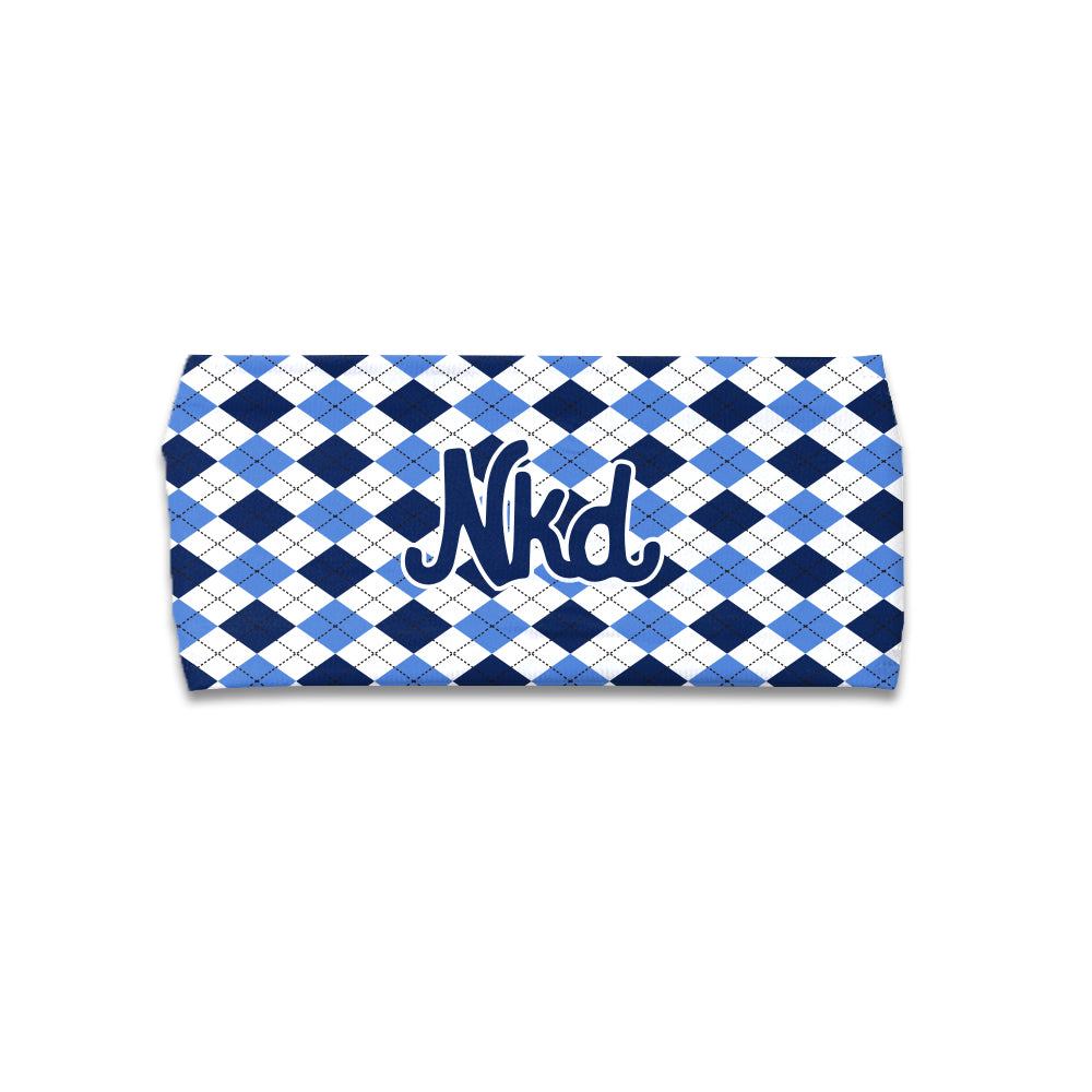 photo of a white headband with a dark blue and light blue plaid pattern and the NKD logo in the middle on a white background.