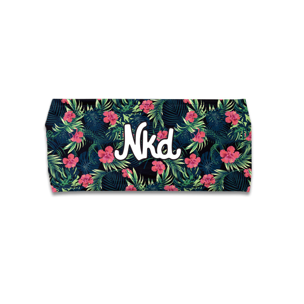 photo of a black headband with a tropical pattern decorating it with a NKD logo in the middle on a white background.