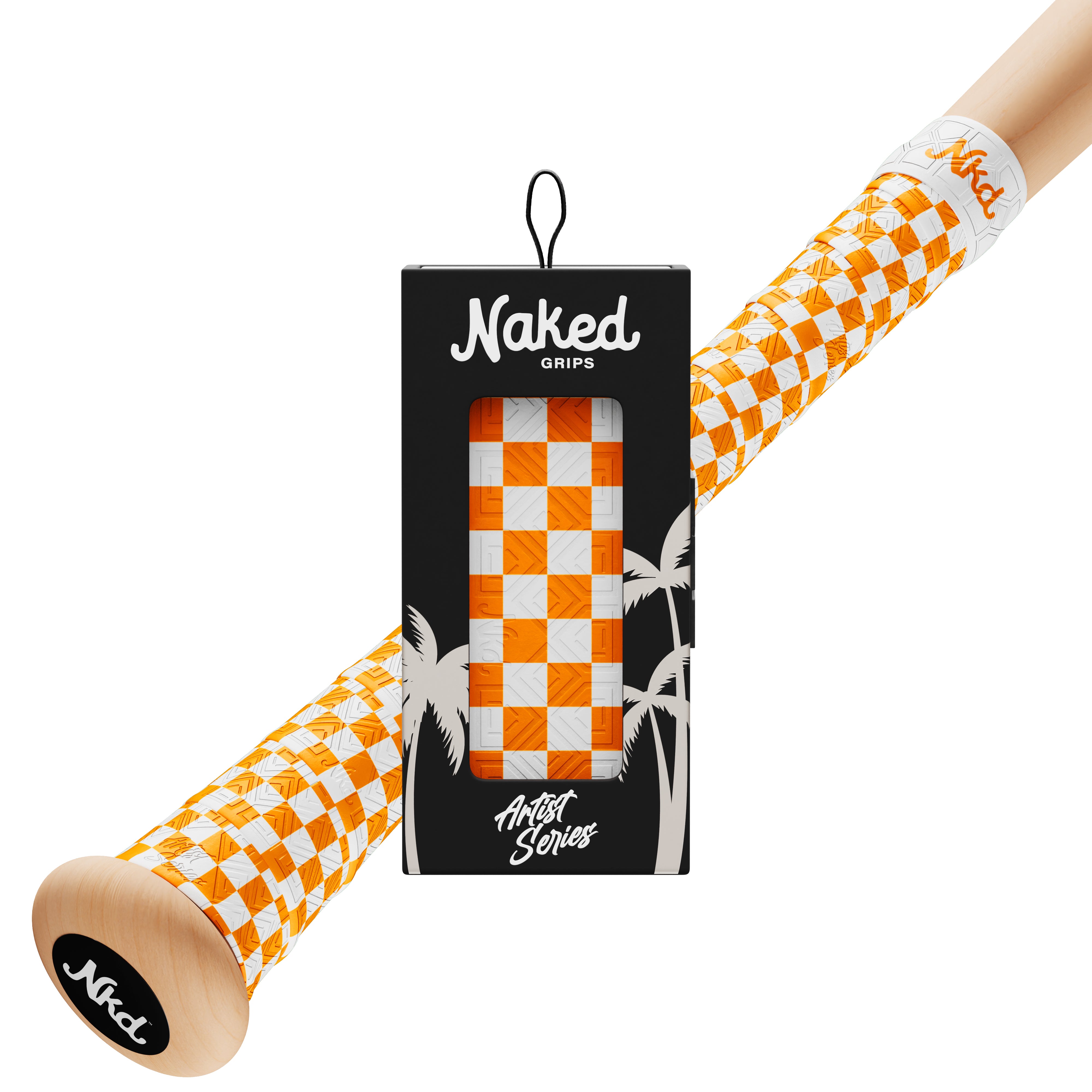 Black artist series box with Tennessee orange and white checkerboard patterned grip inside. Behind box is baseball bat handle wrapped with the same grip on a white background.