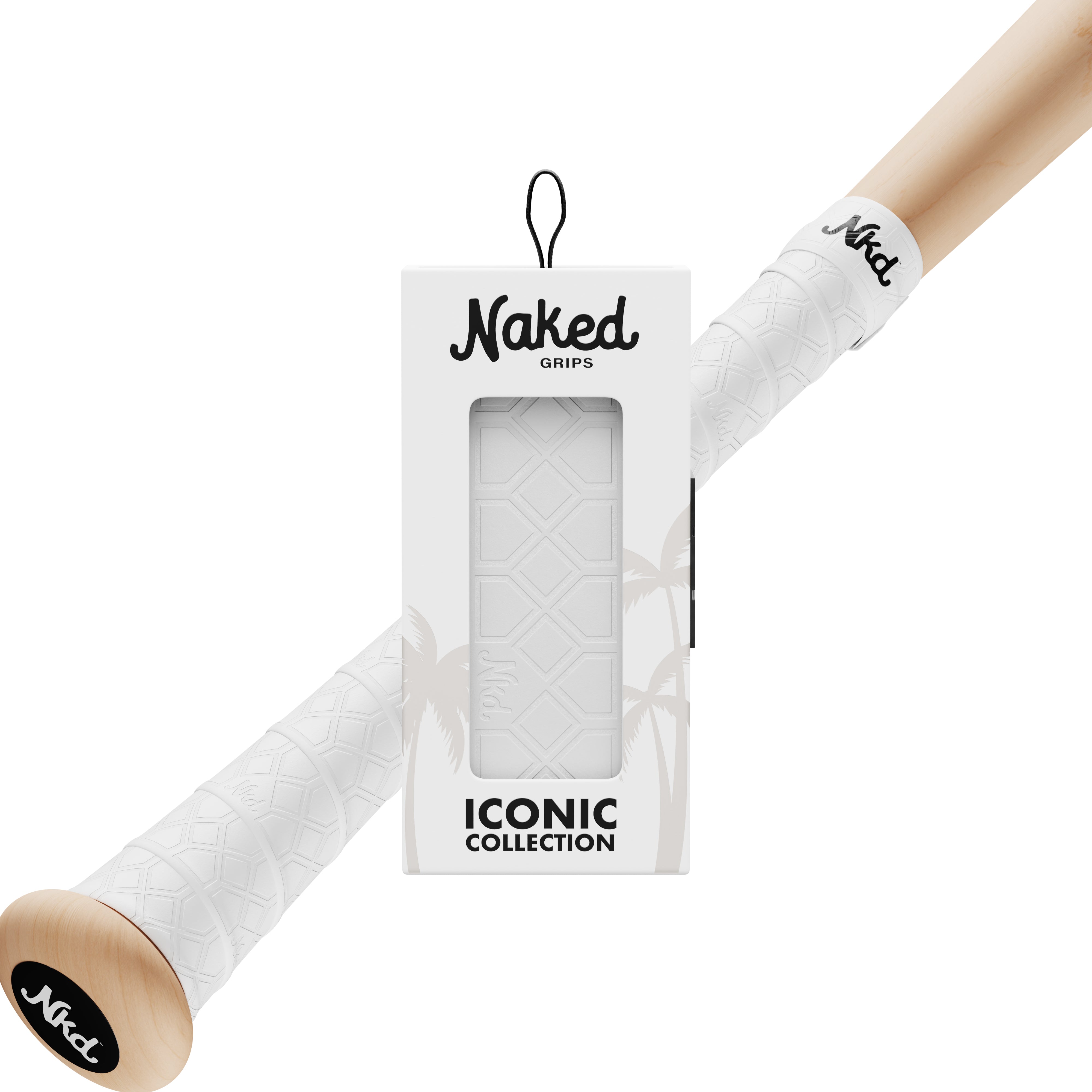 Naked grips white bat grip in its packaging with a wooden bat wrapped in the white bat grip on a white background.