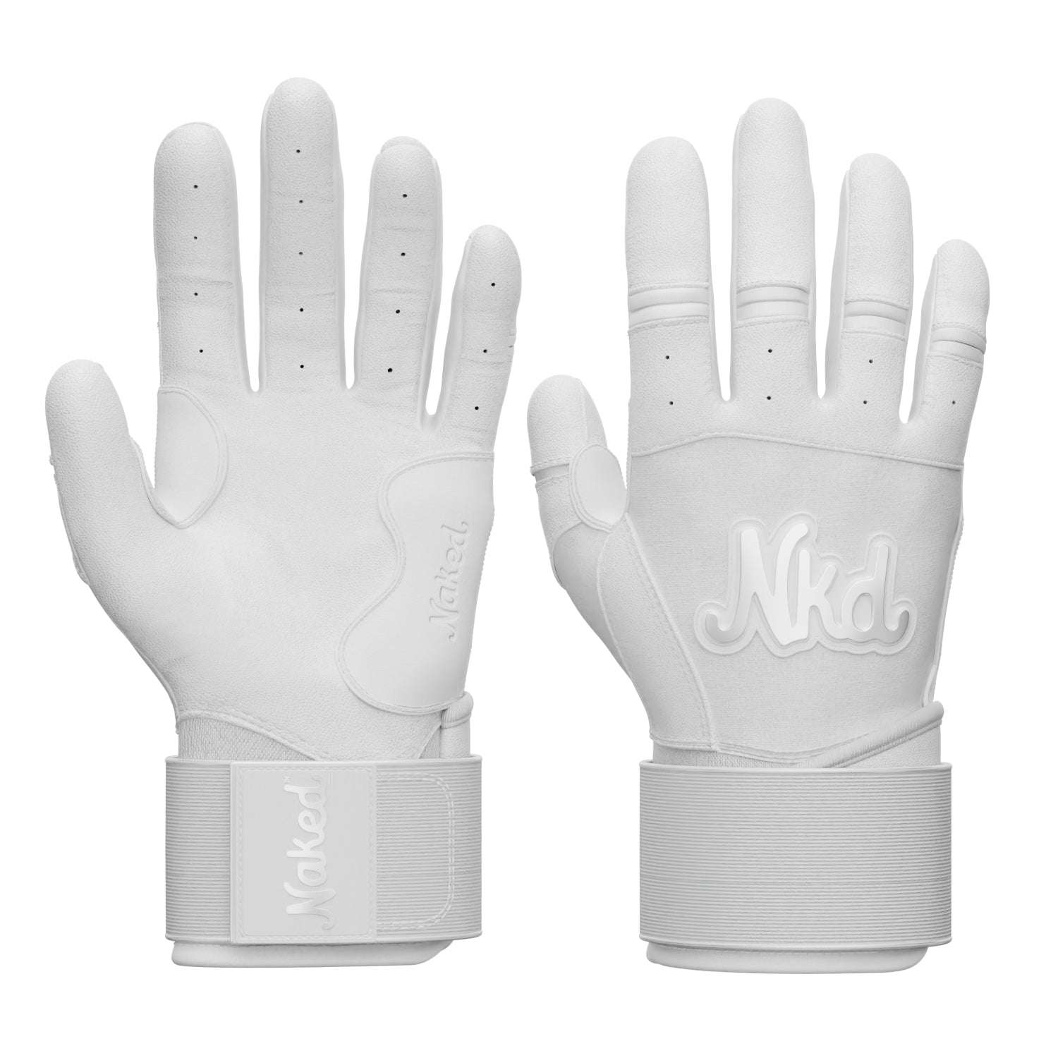 Photo of the long cuff naked grips white bat glove on a white background.