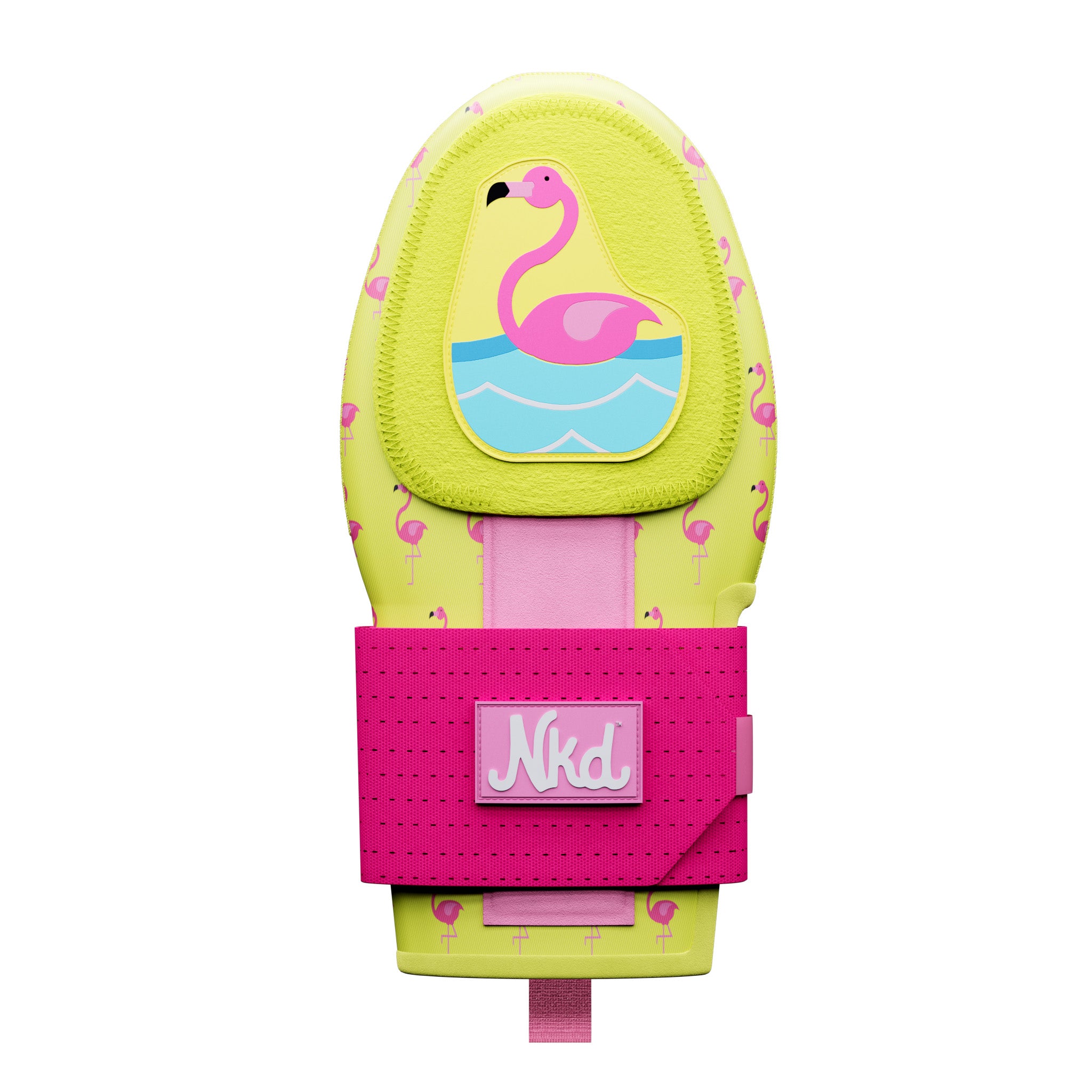 Photo of a yellow sliding mitt decorated with flamingos and a pink wrist strap on a white background.