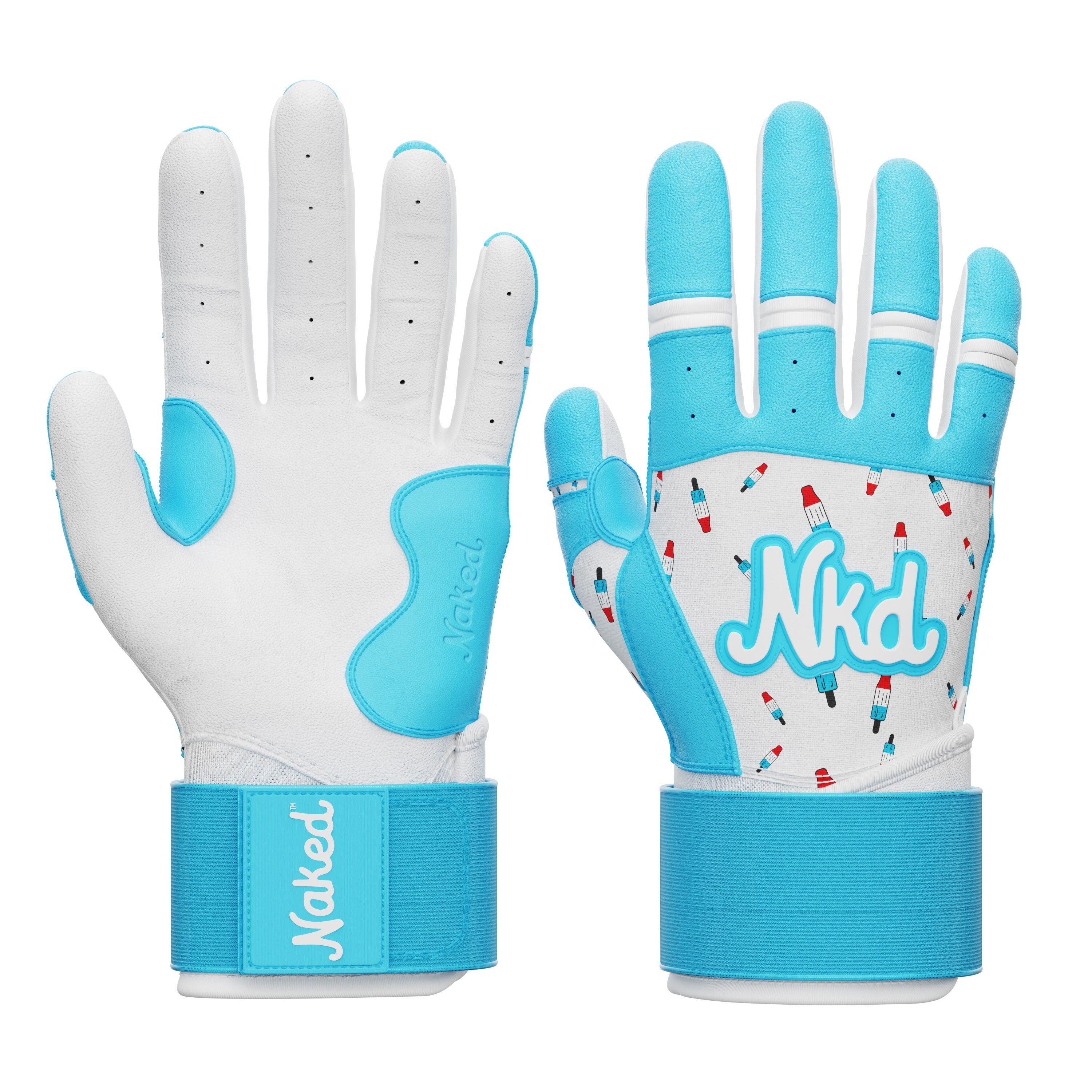 Photo of a blue and white long cuff bat glove front and back decorated with popsicle icons on a white background.