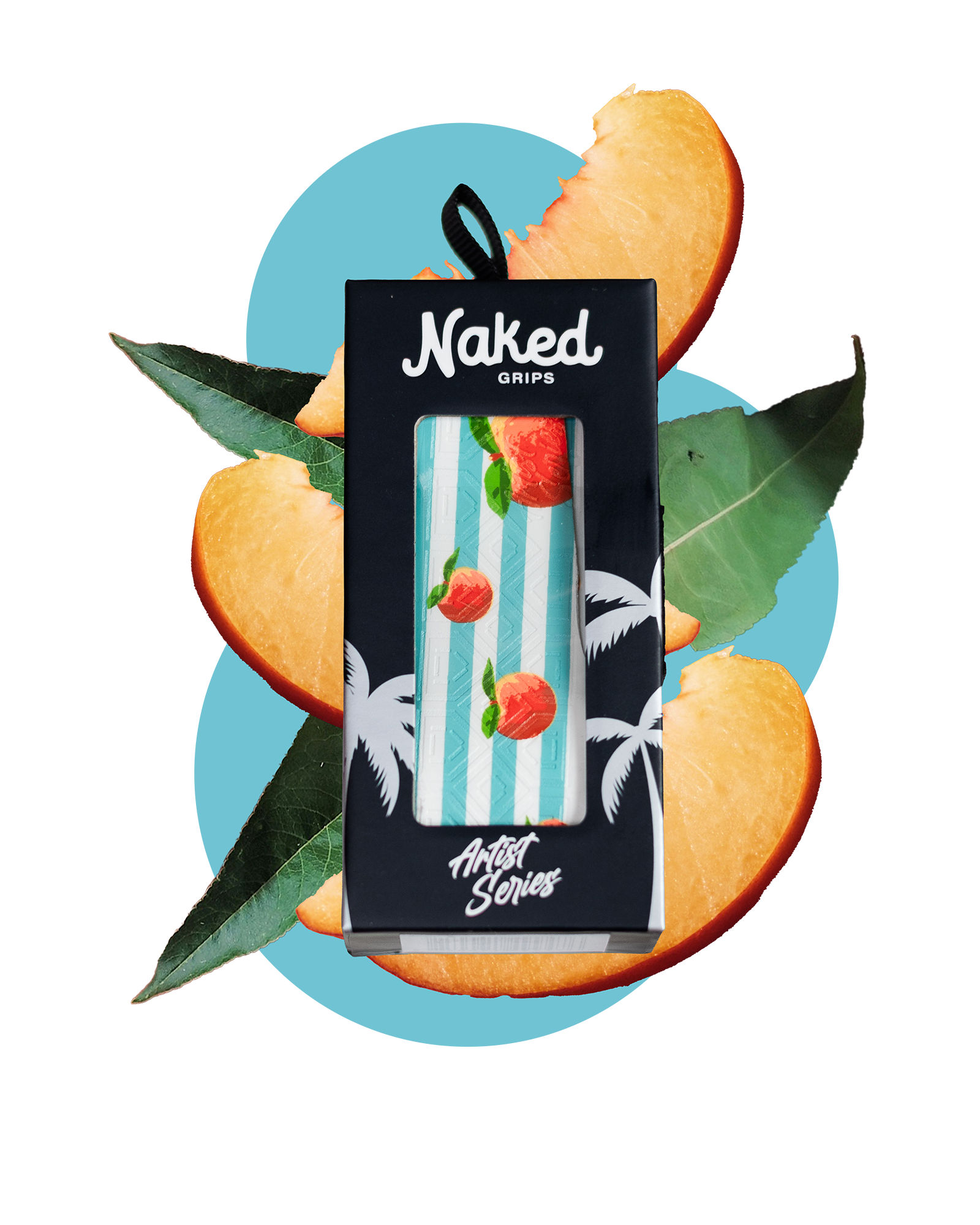 Life's a peach bat grip in black artist series box. Grip has white and teal stripes with peaches overlaid on them. Box is foreground with background actual peaches, peach leaves, and teal circles.