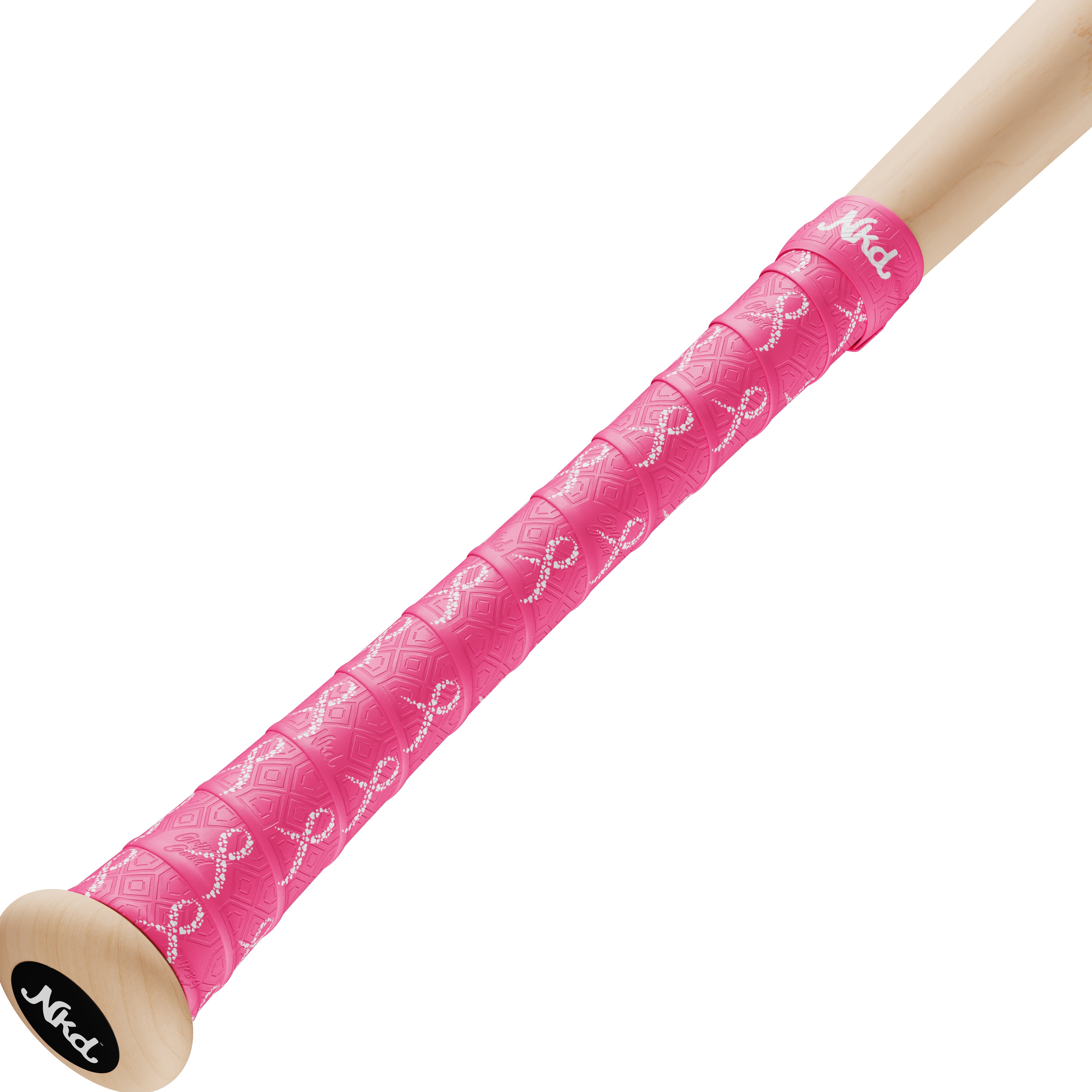Photo of a wooden bat wrapped with the 0.5mm Pink Ribbons of Strength Breast cancer bat grip on a white background.