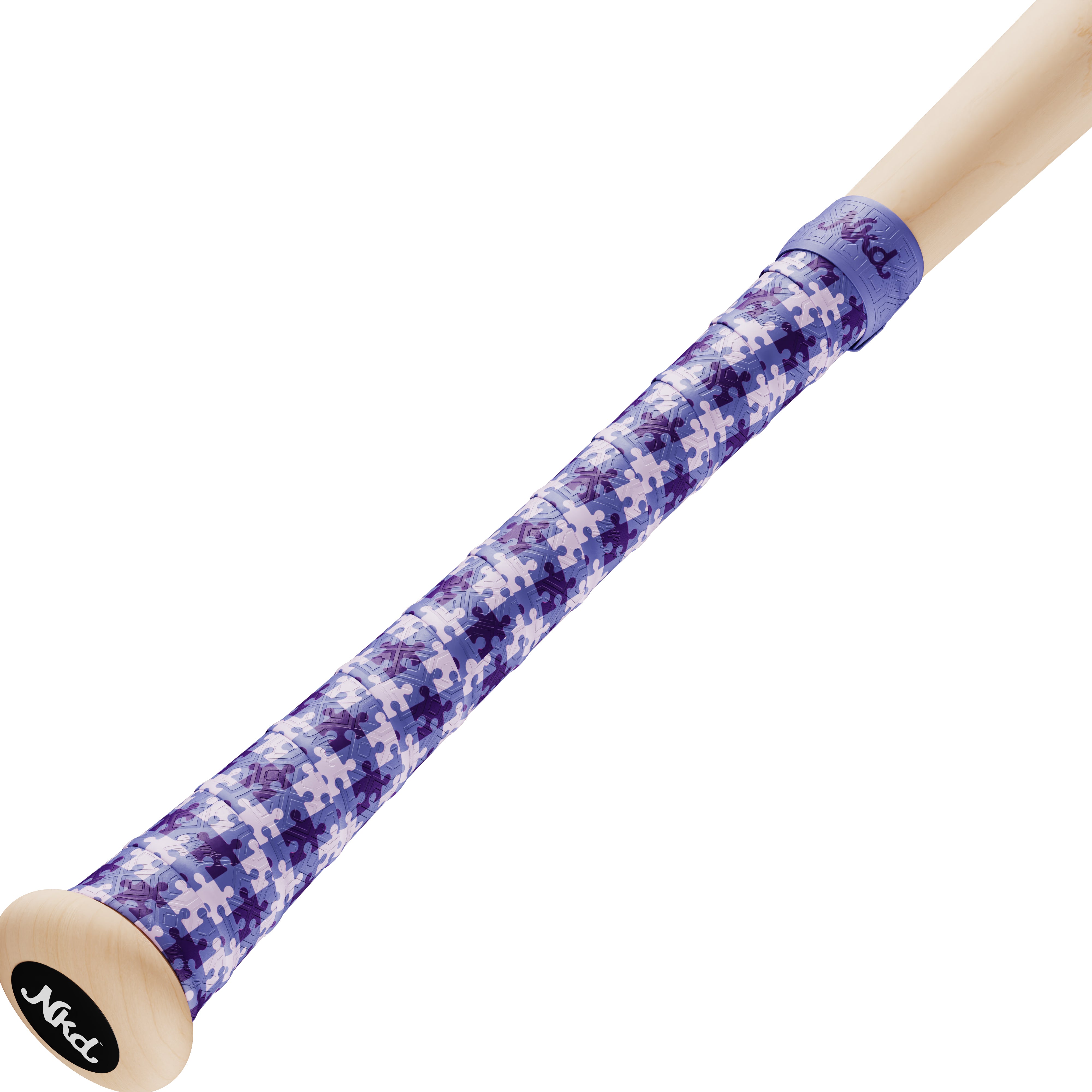 A photo of a wooden bat wrapped with the Naked Grips Alzheimer bat grip on a white background.