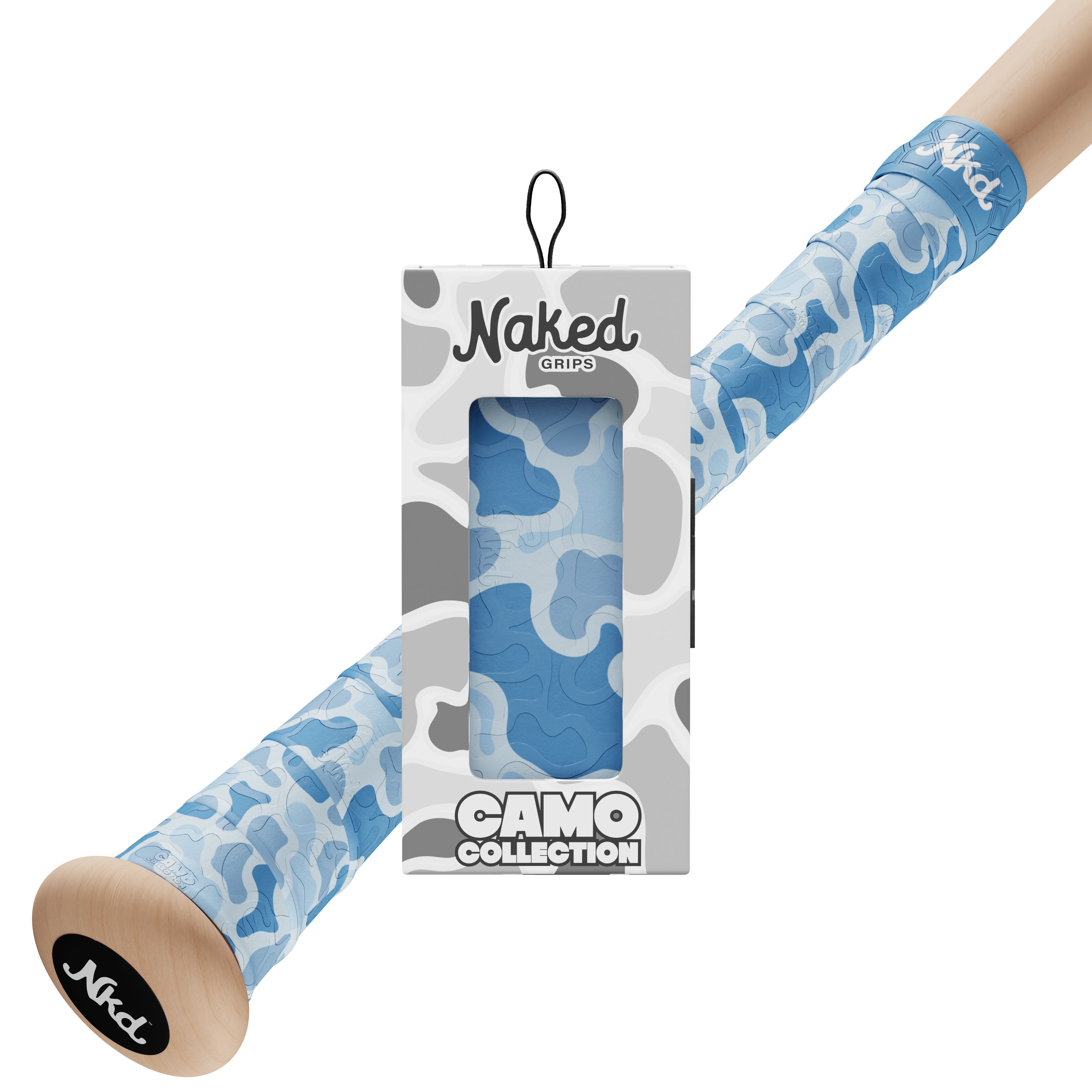 Naked grips camo collection grip box with wood bat handle in background with light blue camouflage style bat grip with various shades of blue.