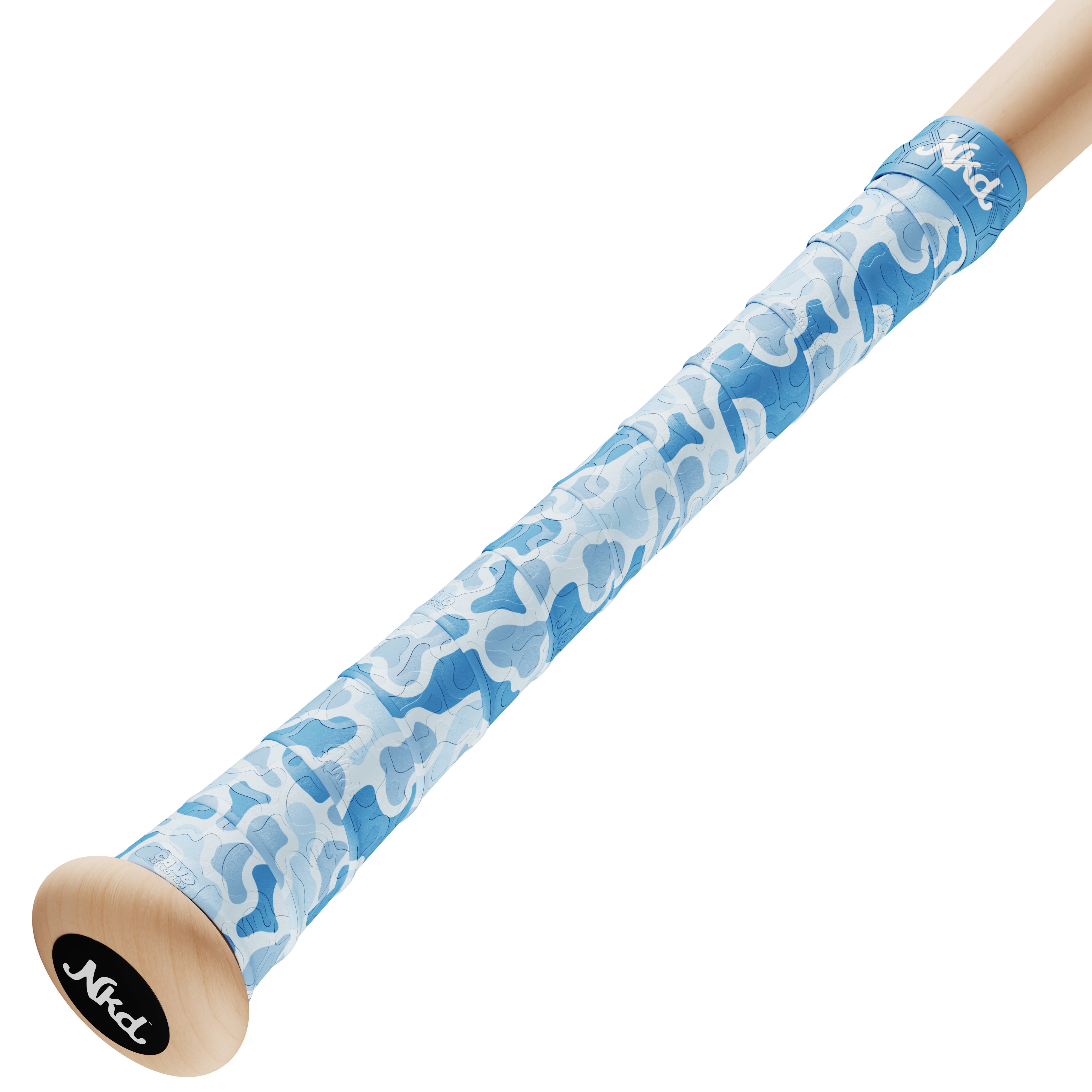 Naked grips camo collection wood bat handle with light blue camouflage style bat grip with various shades of blue.