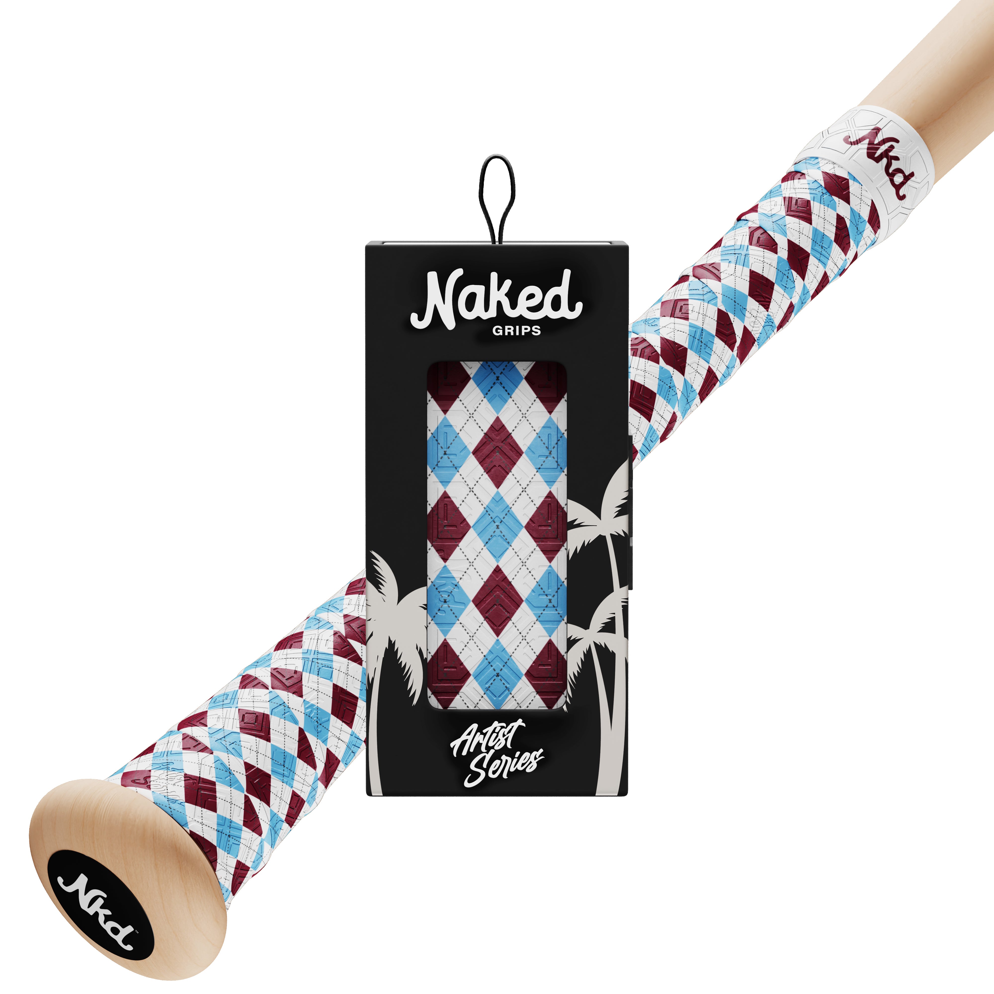 Black artist series box containing brotherly love bat grip with powder blue and maroon argyle pattern. Wrapped bat handle sits behind box with the same grip applied.