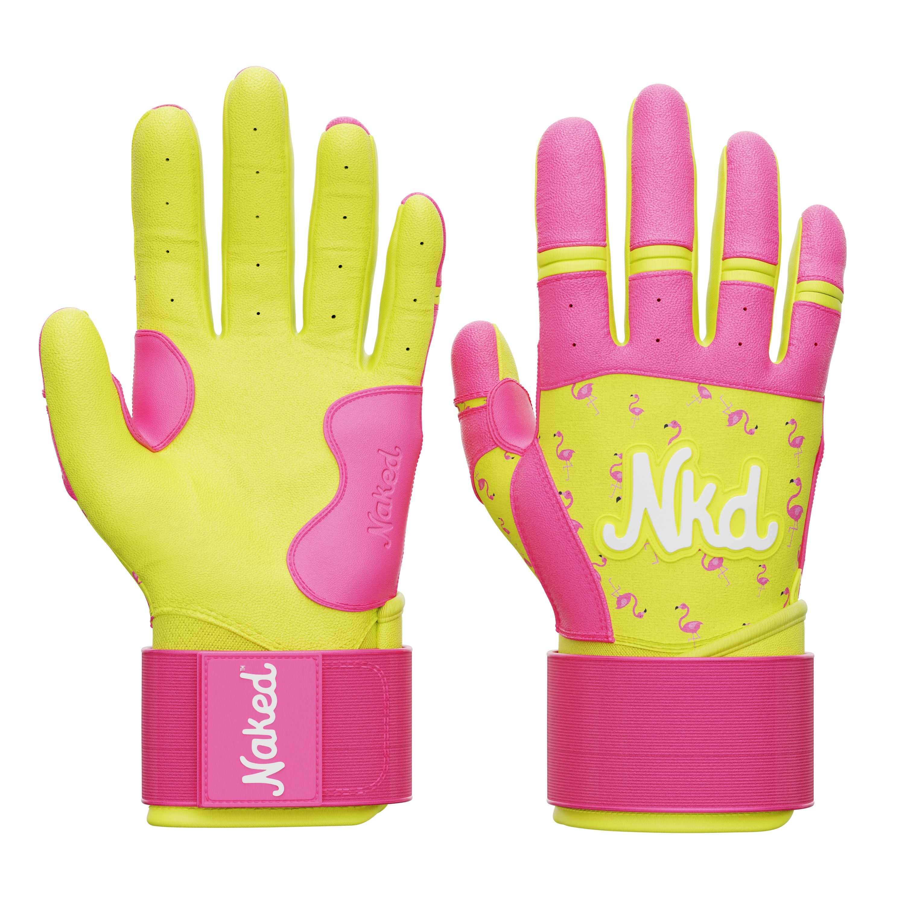 Photo of a yellow and pink short cuff bat grip with flamingo icons decorating it both the front and back on a white background.