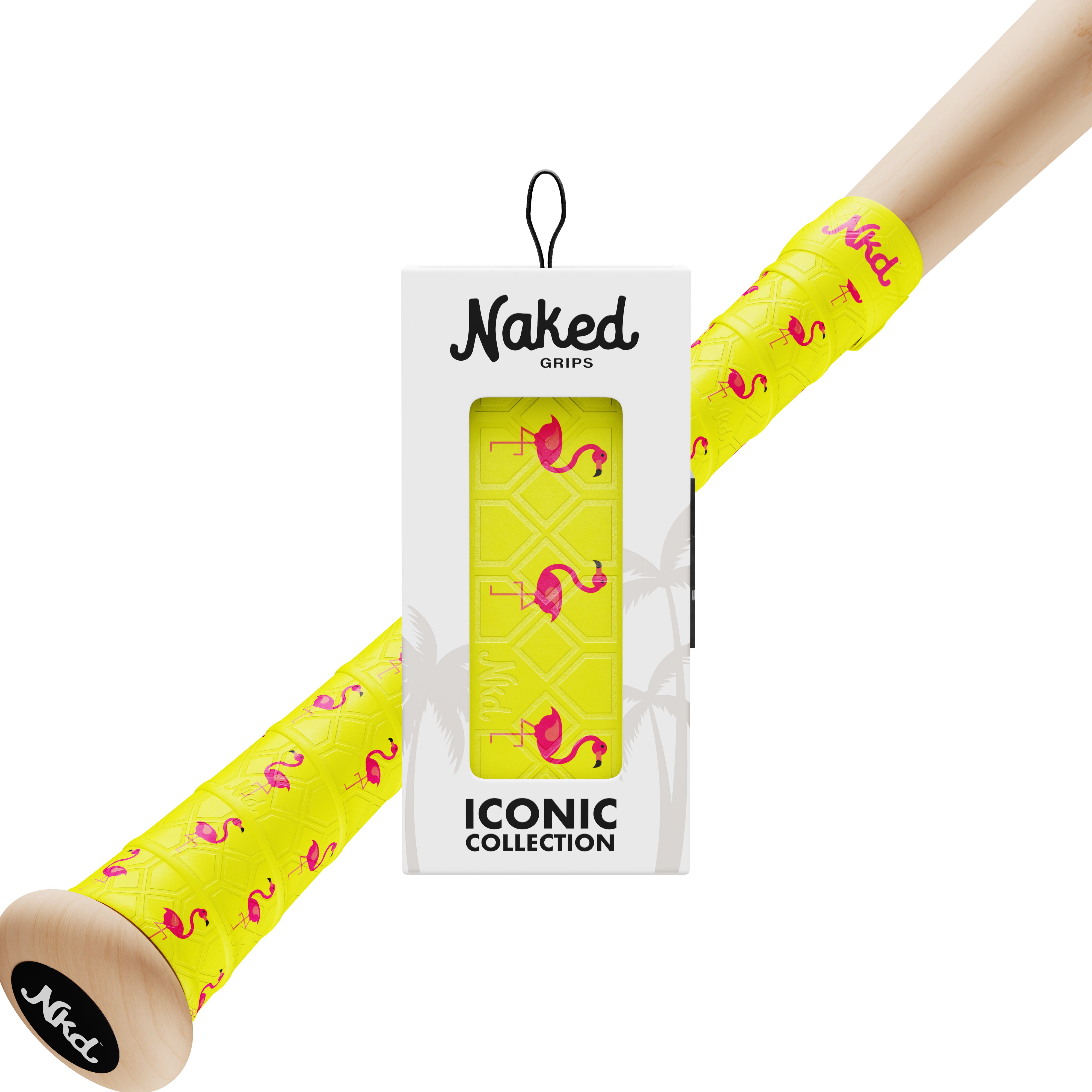 Naked grips flamingo bat grip in its packaging with a wooden bat wrapped in the flamingo bat grip on a white background.