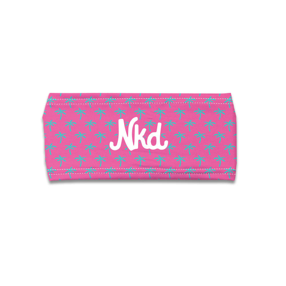 Photo of a pink headband decorated with a light blue palm tree and NKD logo in the middle on a white background.