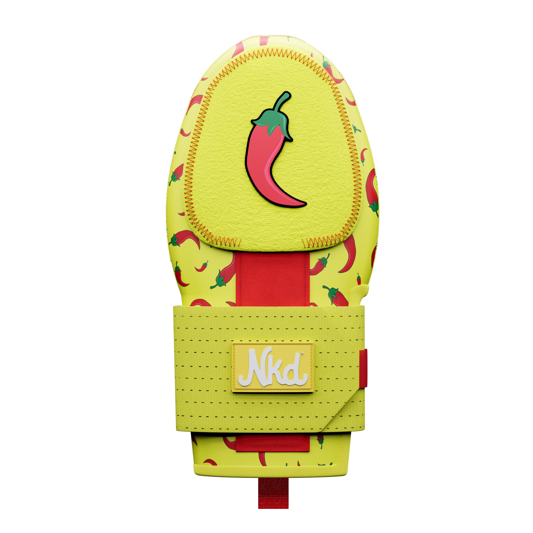 Photo of a yellow sliding mitt with a red hot pepper decorating it floating on a white background. 