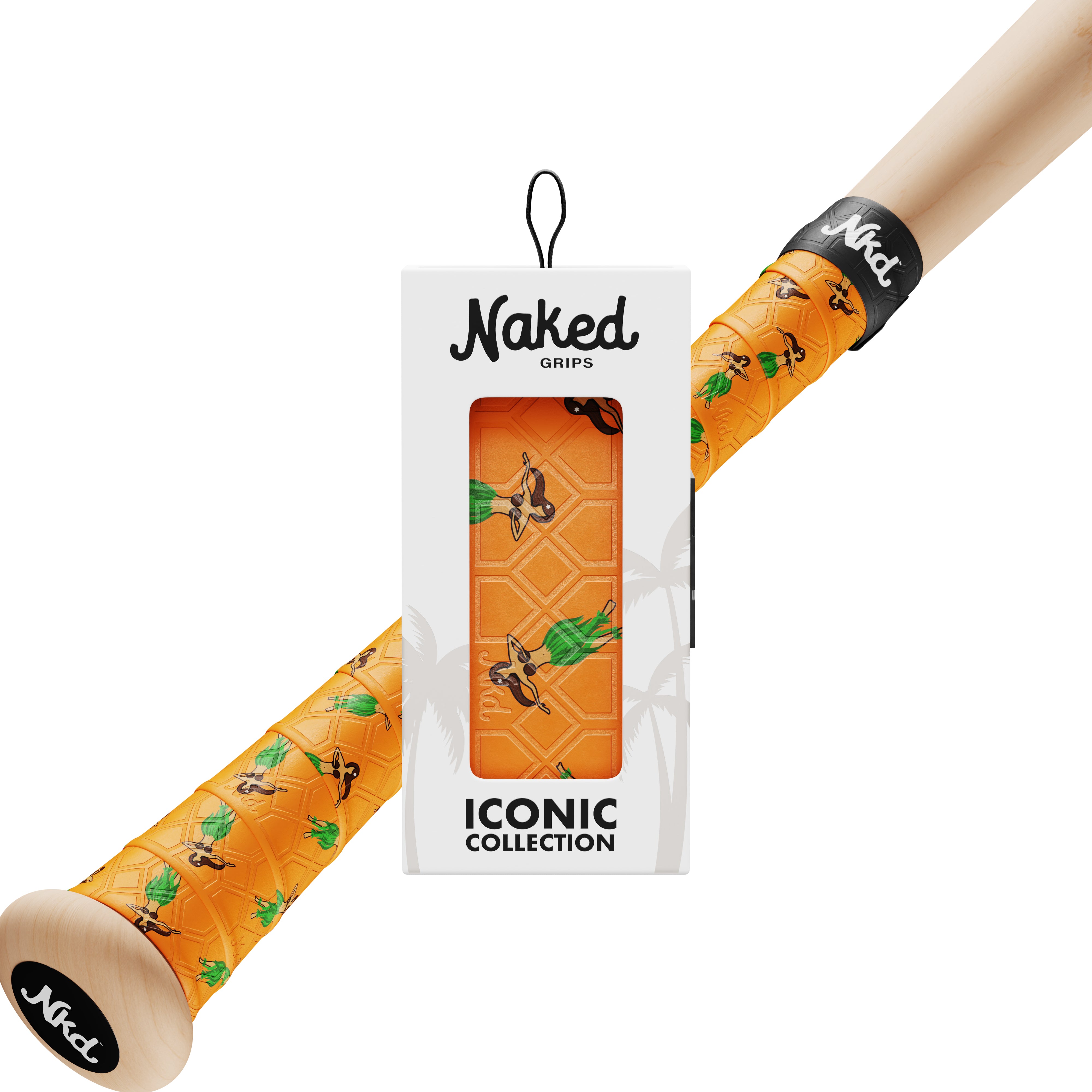 Naked grips hulu gril bat grip in its packaging with a wooden bat wrapped in the hulu girl bat grip on a white background.