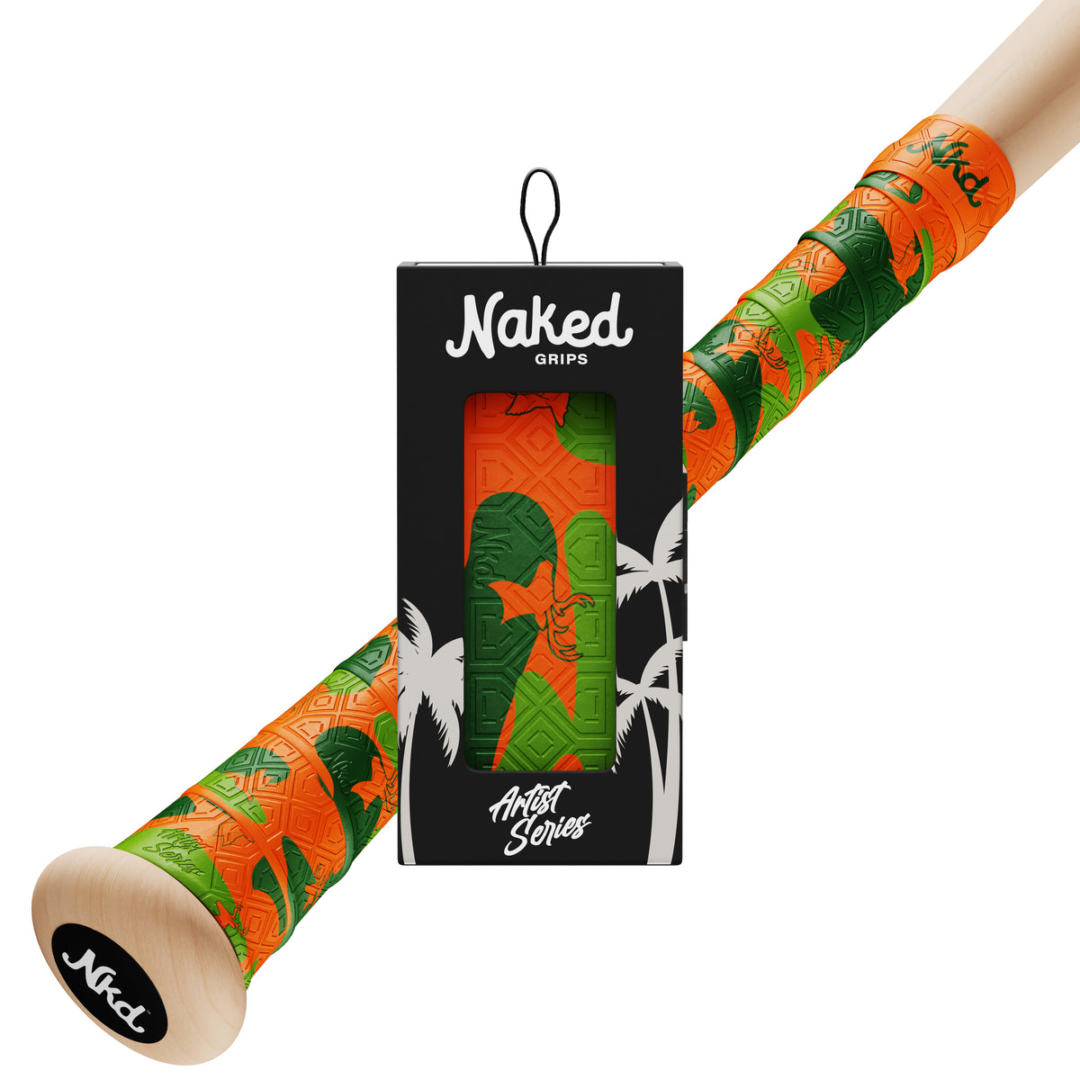 naked grips ducks and bucks hunting themed bat grip. grip has orange and green camo and duck and deer outlines for the design. foreground is black naked grips artist series box with window where grip is also visible.