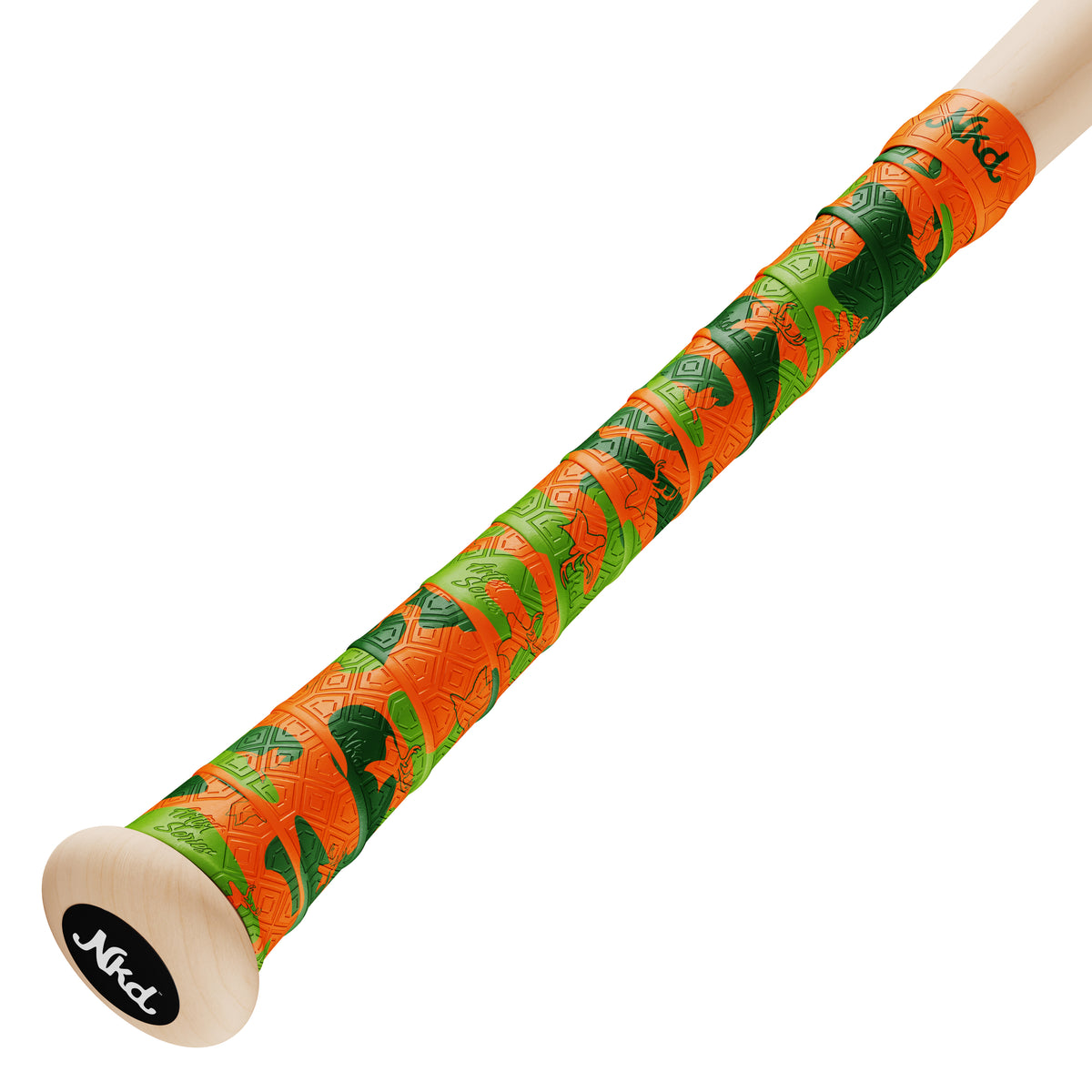 naked grips hunting themed ducks and bucks bat grip. grip is orange and green camo and hunting themed with duck and deer outlines. pictured here wrapped on wood bat handle.