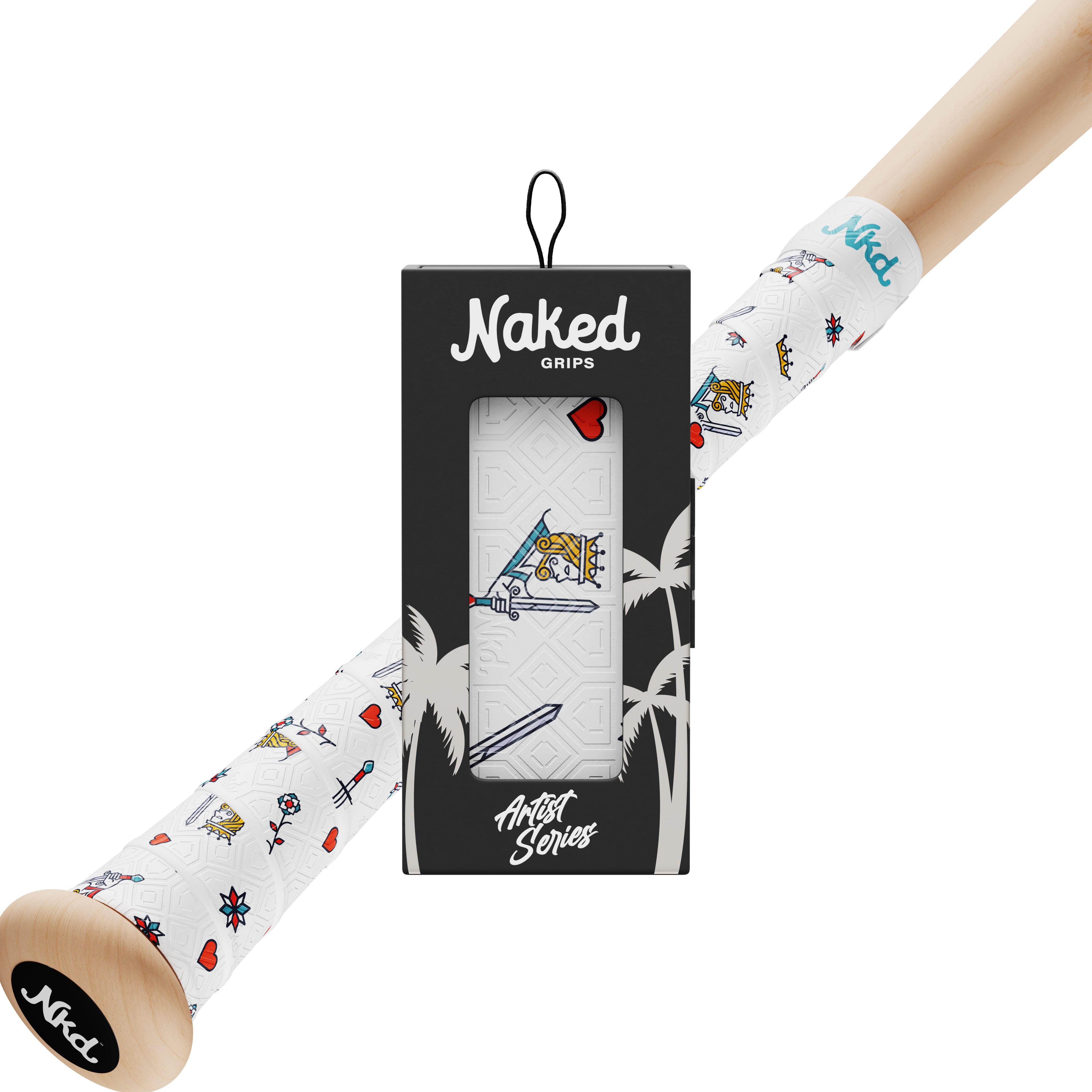 Photo of the king of hearts bat grip with a wooden bat in the background wrapped with the king of hearts bat grip. 