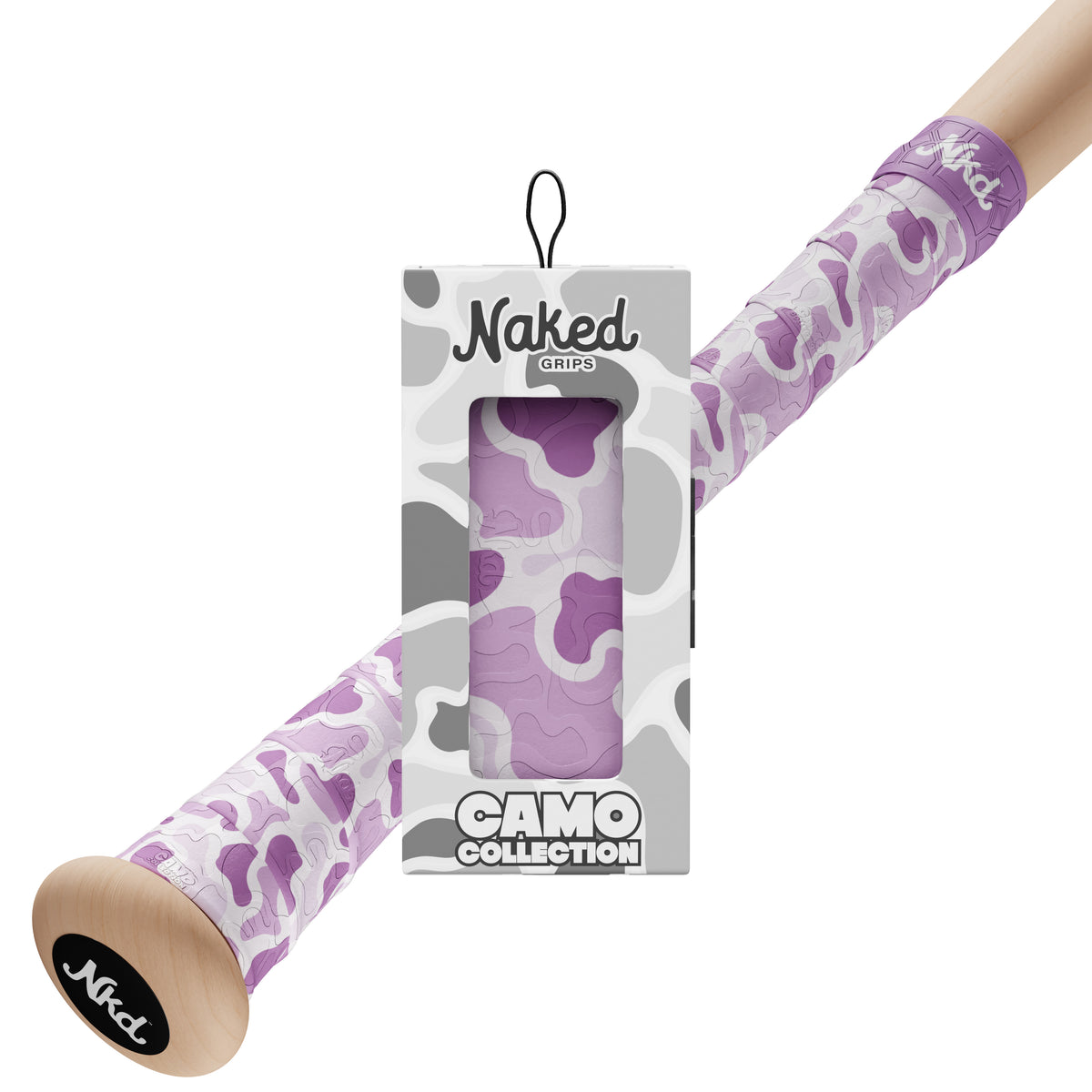 Naked grips camo collection grip box with wood bat handle in background with lavender camouflage style bat grip with various shades of purple.