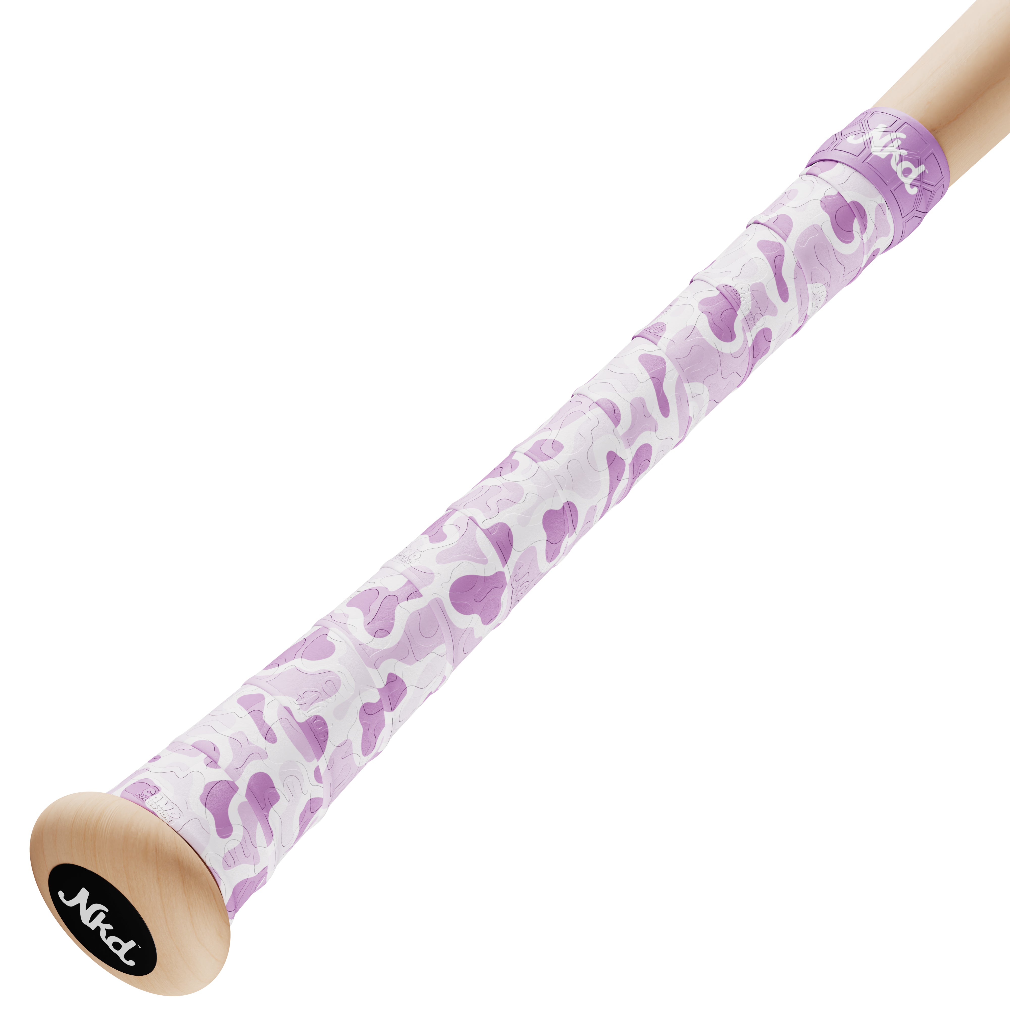 Naked grips camo collection wood bat handle with lavender camouflage style bat grip with various shades of purple.