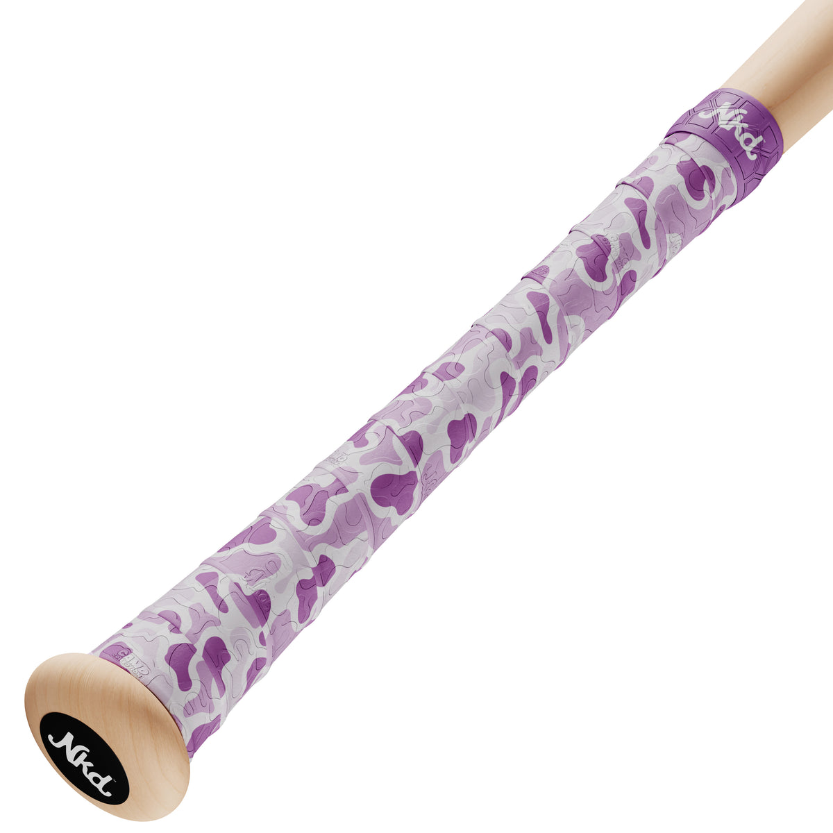 Naked grips camo collection wood bat handle with lavender camouflage style bat grip with various shades of purple.
