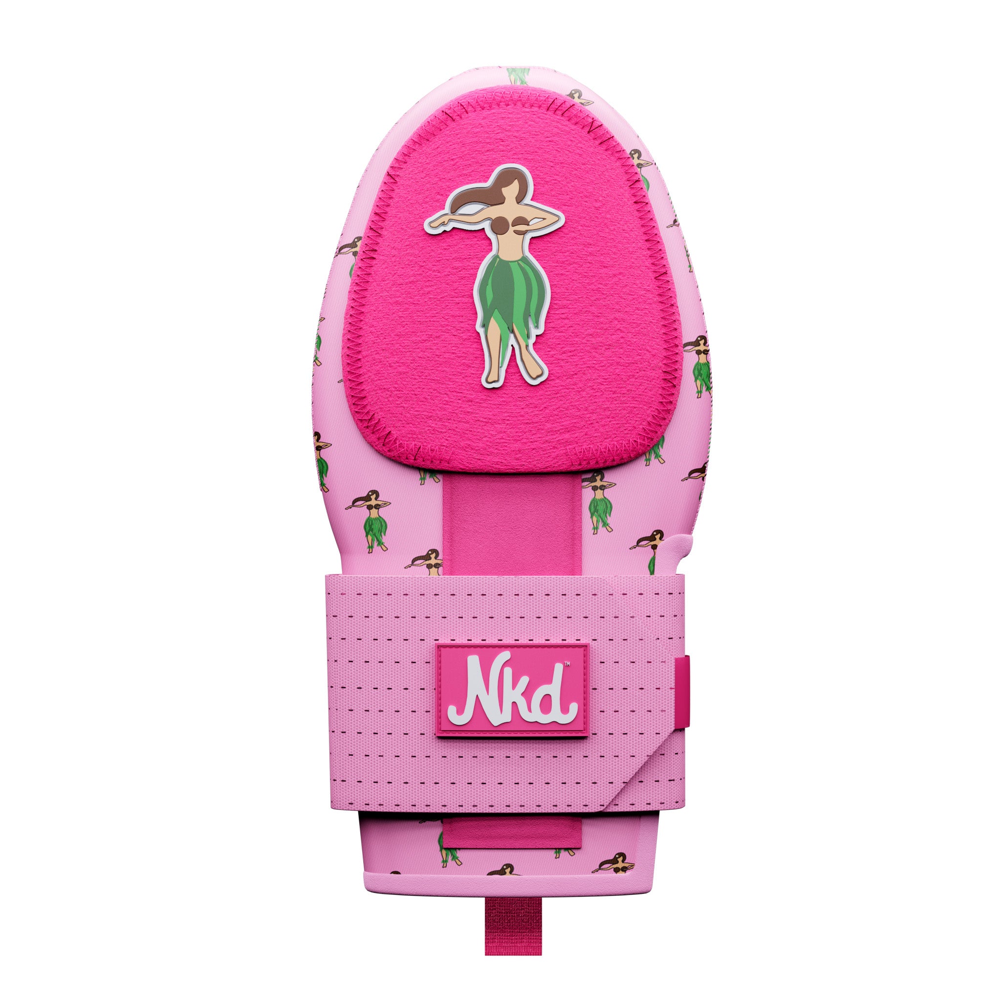 Pink sliding mitt with bright pink top shell with rubber hula girl stamp stitched to top. Background features the same hula girl but on a light pink background. Strap has Nkd logo rubber stamp in a darker pink on a light pink strap.