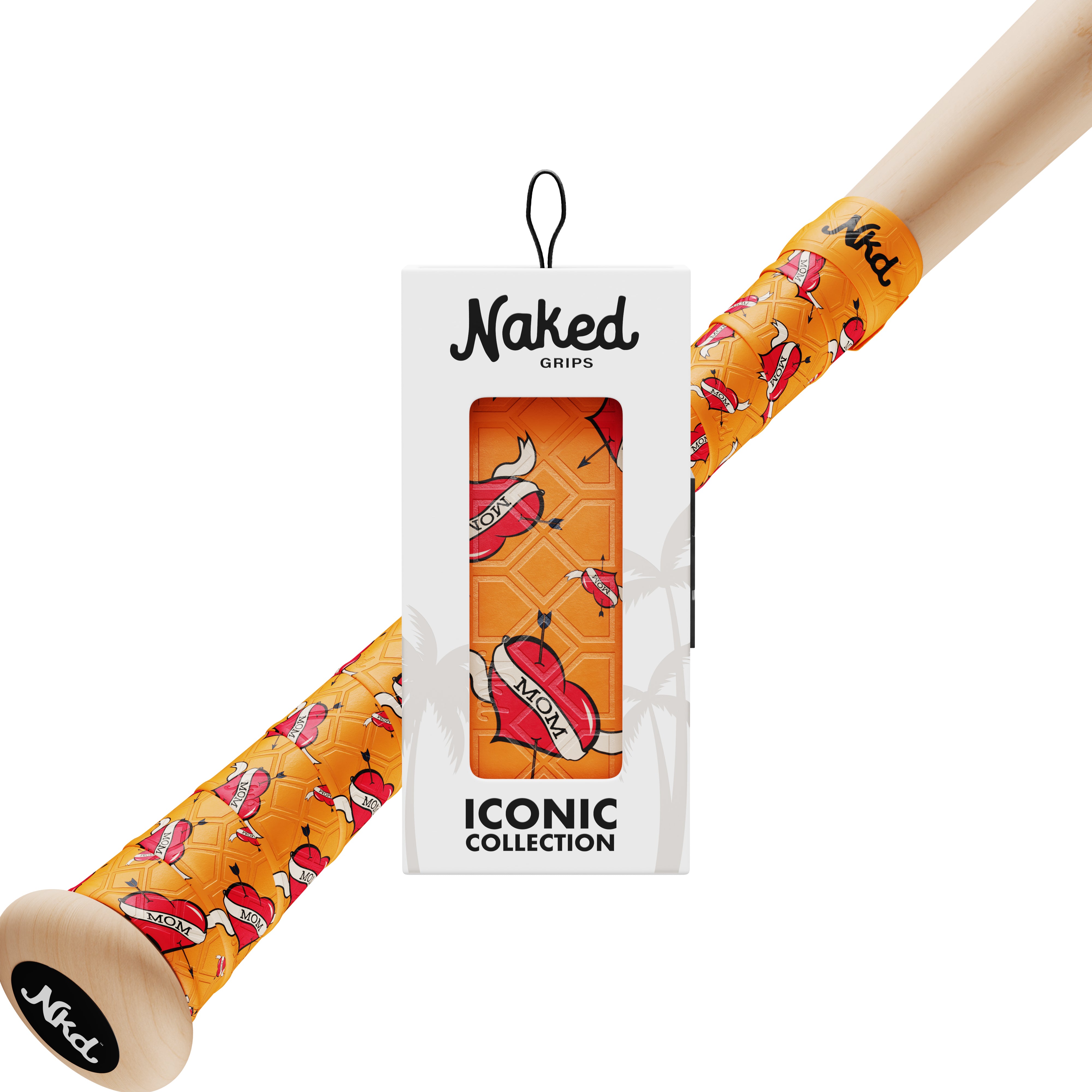 Naked grips Mom bat grip in its packaging with a wooden bat wrapped in the Mom bat grip on a white background.