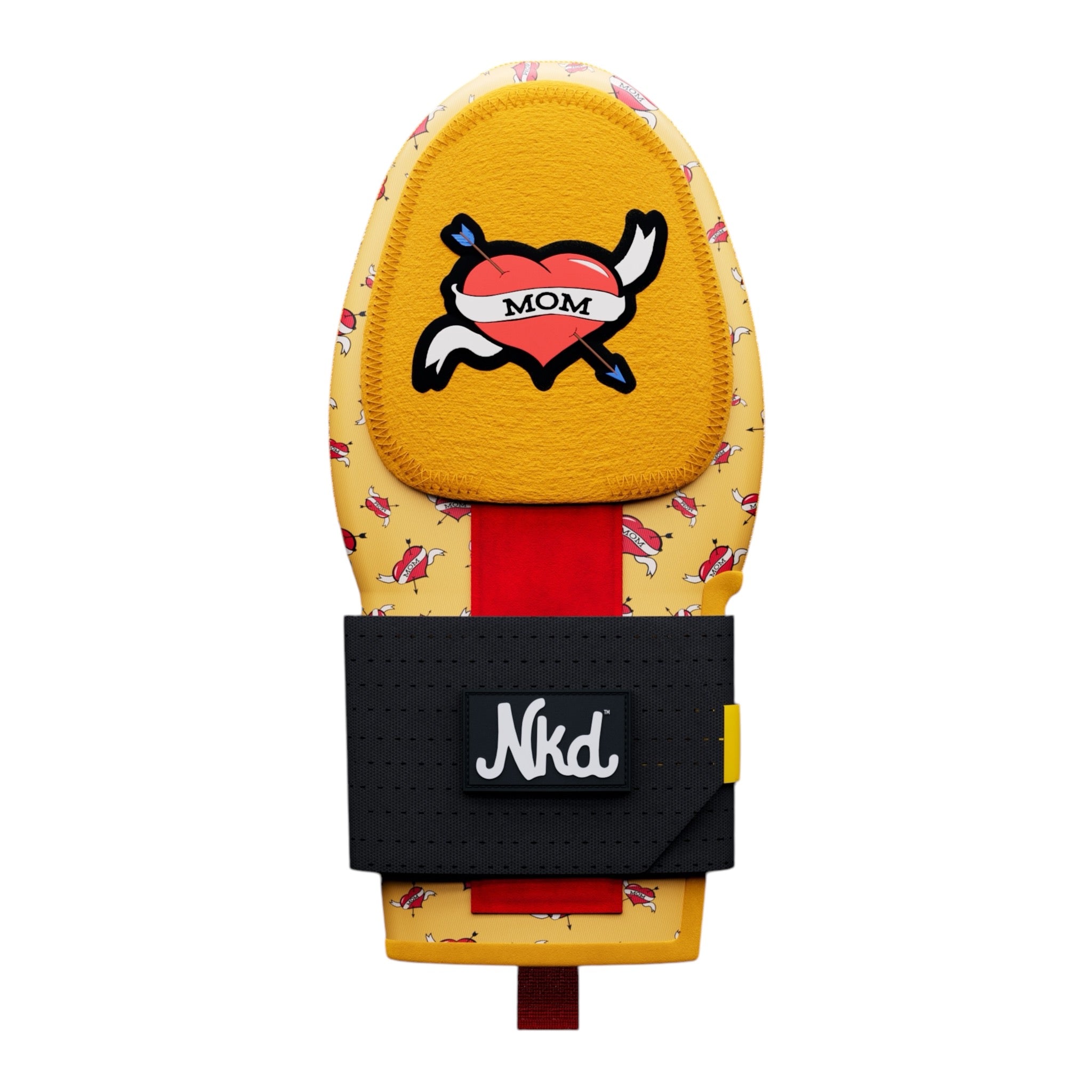 Photo of a yellow sliding mitt decorated with a heart with the letters MOM all over it along with a black wrist strap on a white background.