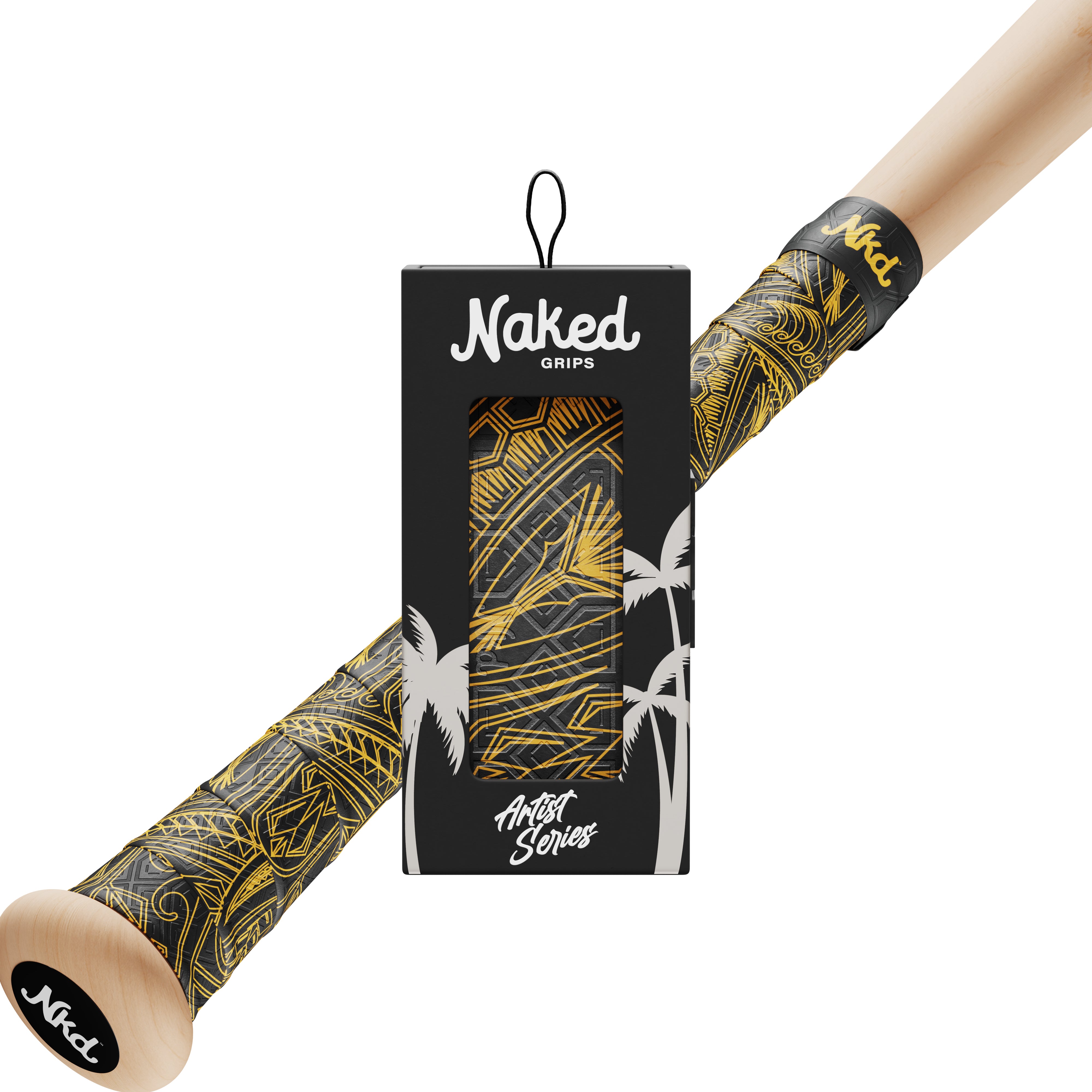 Naked grips Golden tribal bat grip in its packaging with a wooden bat wrapped in the Golden tribal bat grip on a white background.