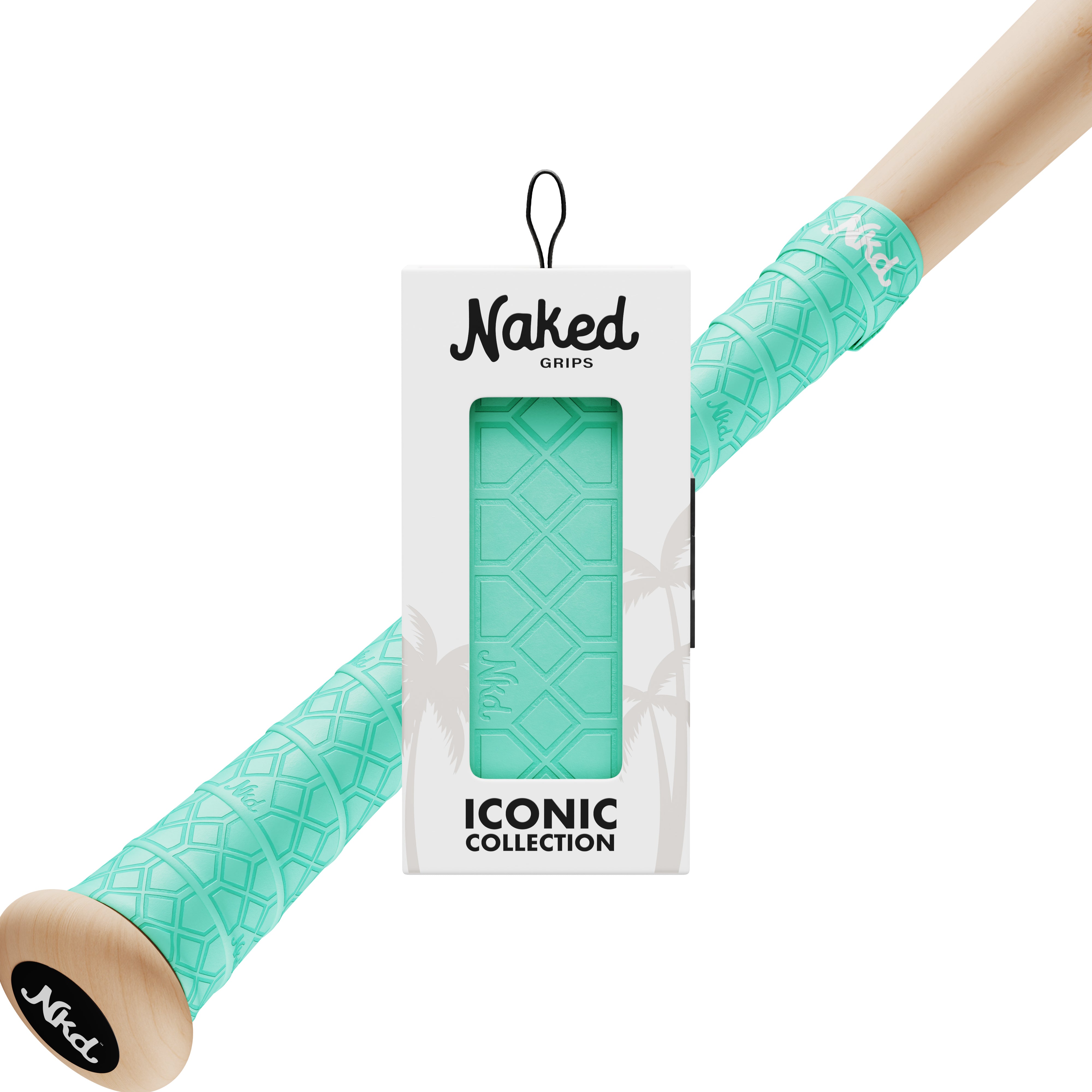 Naked grips mint colored bat grip in its packaging with a wooden bat wrapped in the mint bat grip on a white background.