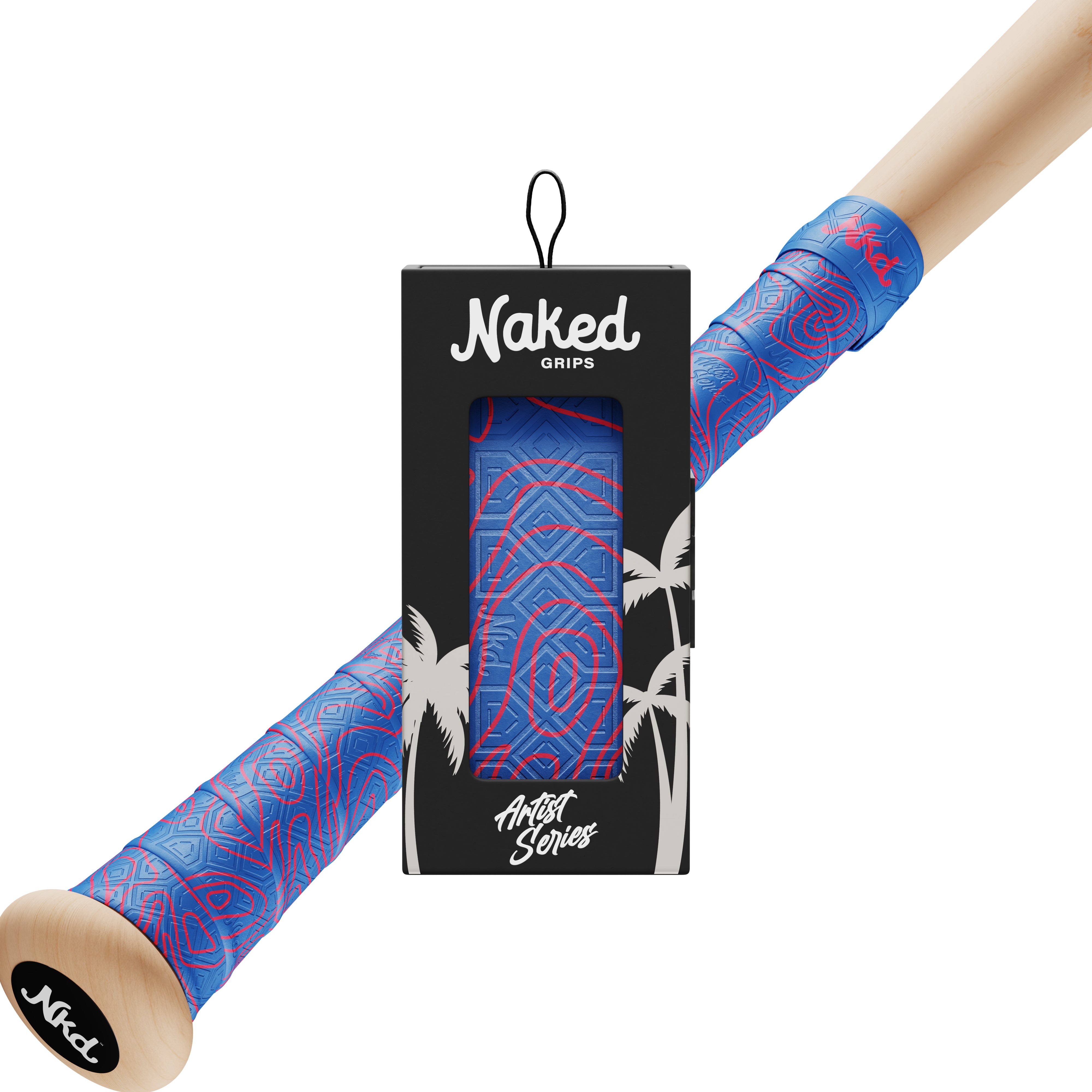 Naked grips topographic bat grip in its packaging with a wooden bat wrapped in the topographic bat grip on a white background.