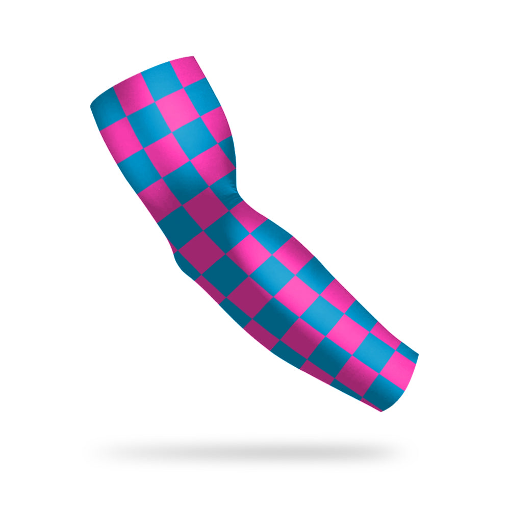 photo of a compression sleeve with a pink and blue checkerboard pattern floating on a white background. 
