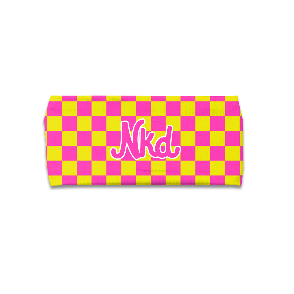 Photo of a headband with a pink and yellow checkerboard pattern on a white background.
