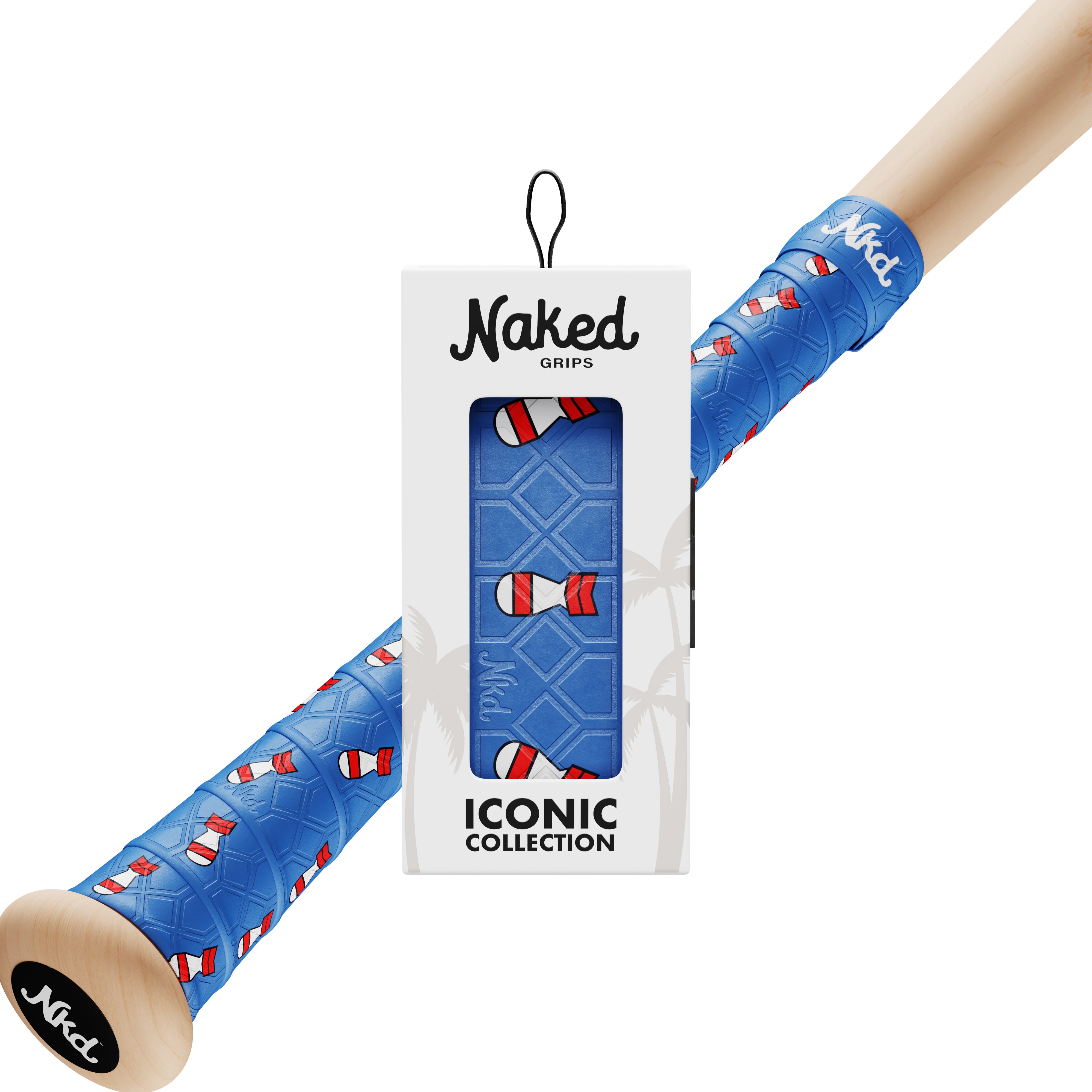 Naked grips Nuke bat grip in its packaging with a wooden bat wrapped in the Nuke bat grip on a white background.
