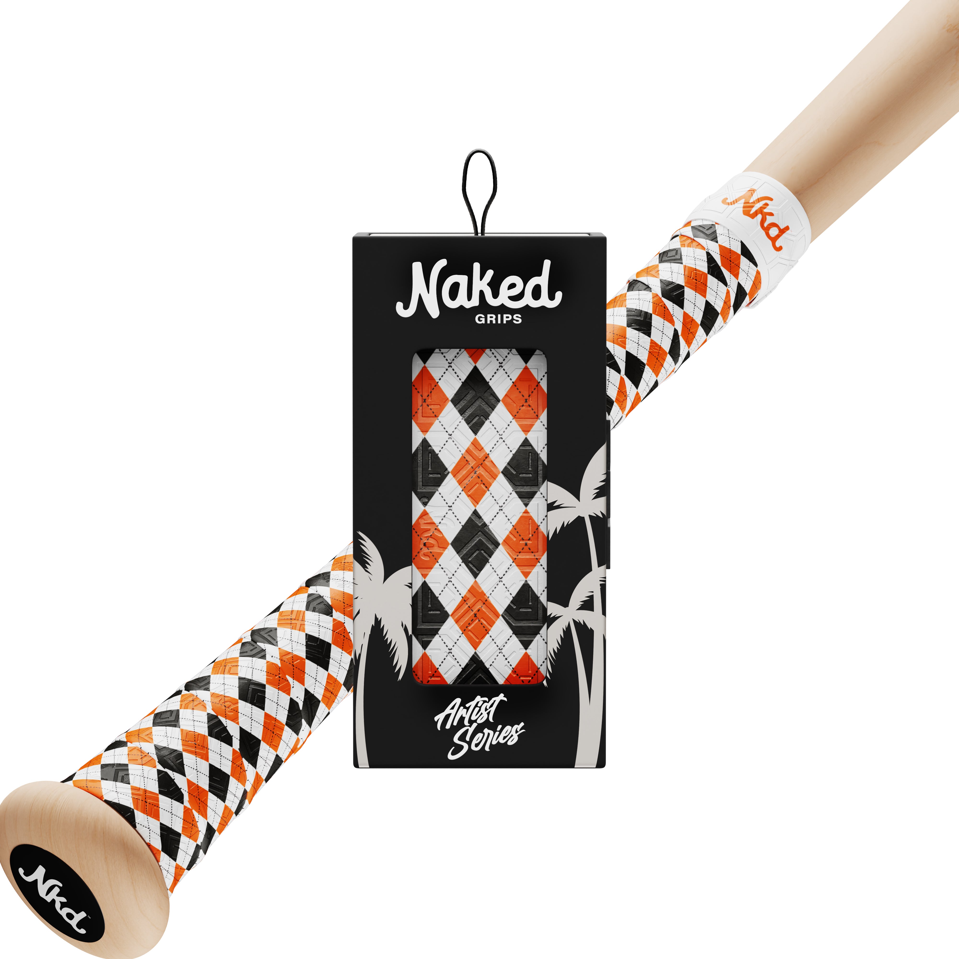 Naked Grips Artist series box with the Blue and orange plaid grip inside and a wooden bat in the background wrapped with the Blue and orange plaid naked grip.