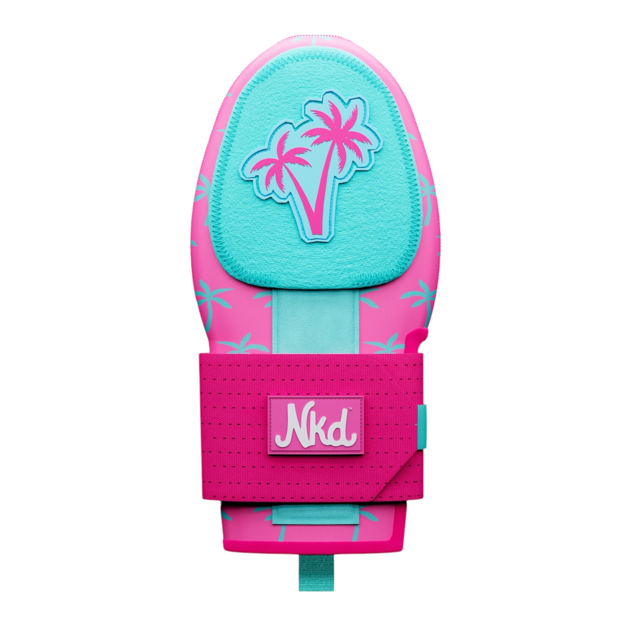 Photo of a pink sliding mitt with a blue palm tree icon decorating on a white background. 