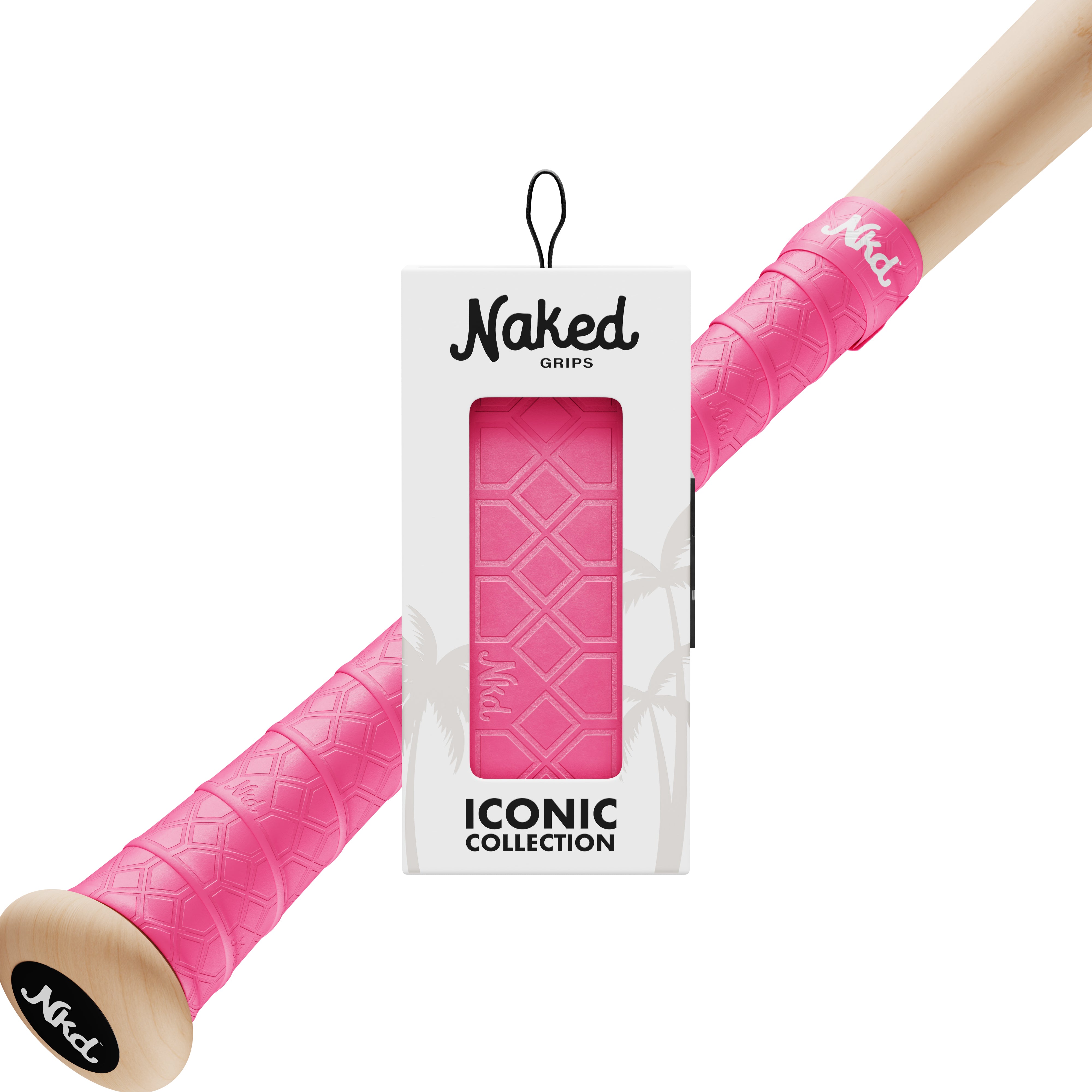 Photo of a Pink colored bat grip in its packaging with a wooden bat in the background wrapped with a Pink colored bat grip.