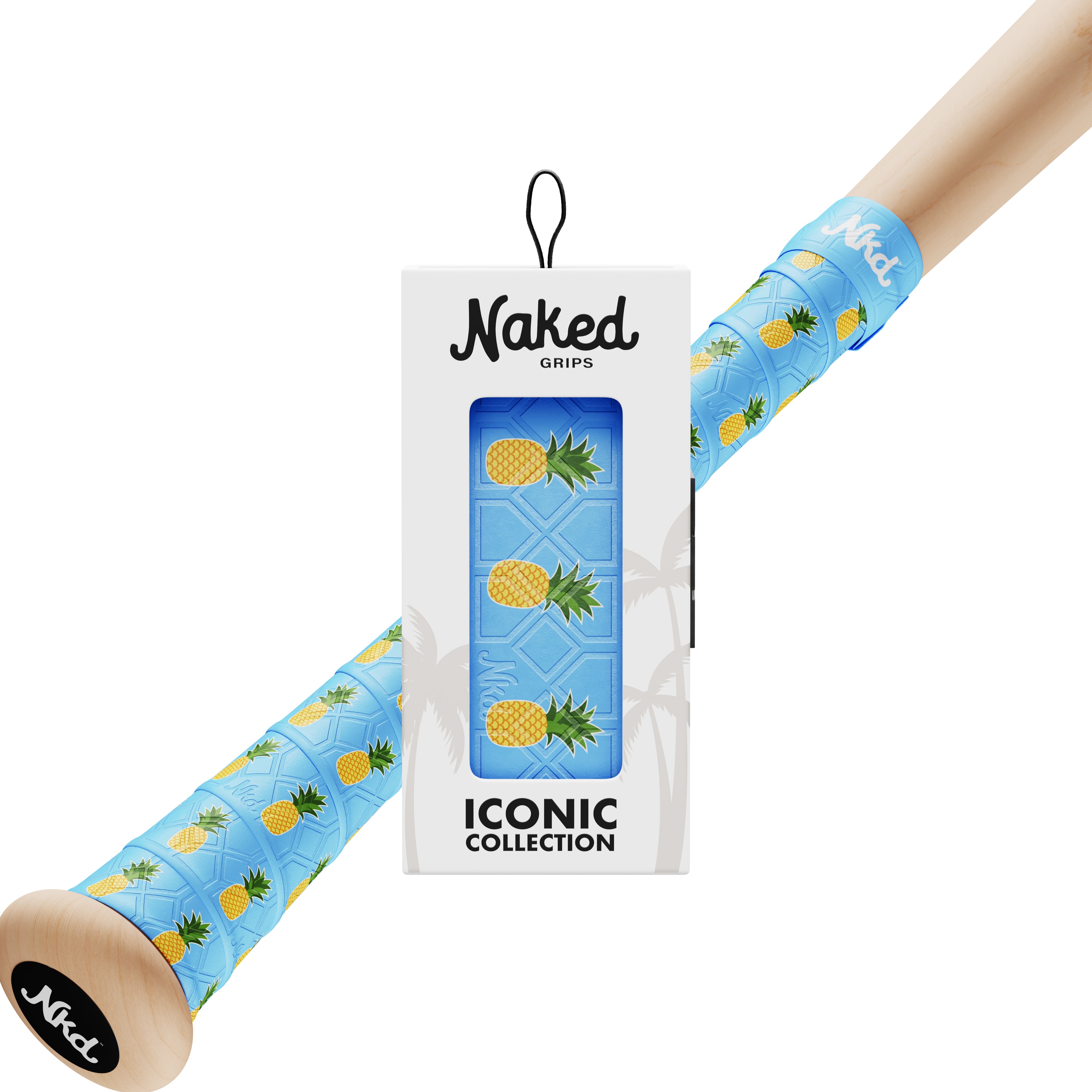Naked grips pineapple bat grip in its packaging with a wooden bat wrapped in the Pineapple bat grip on a white background.