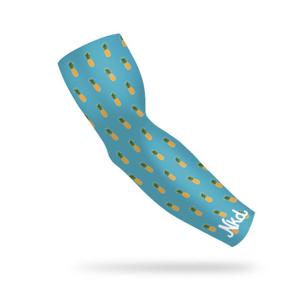 Photo of a blue armband with a pineapple icon printed all over it floating on a white background.