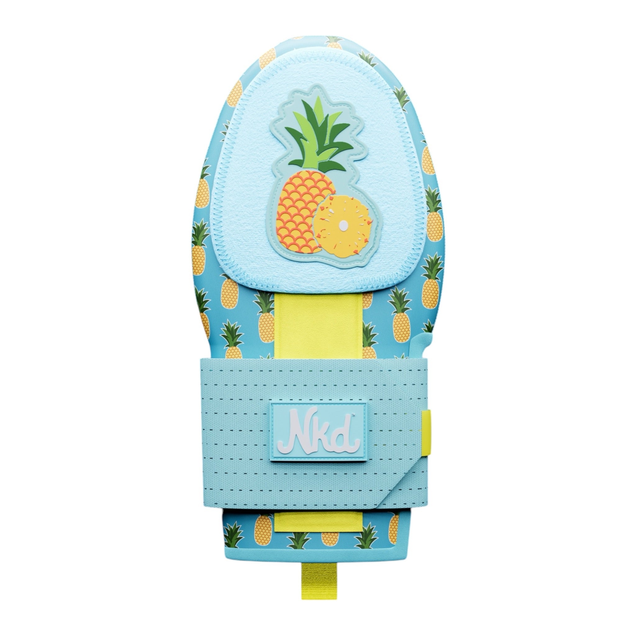 Photo of a blue sliding mitt with pineapple icons decorated all over it floating on a white background. 