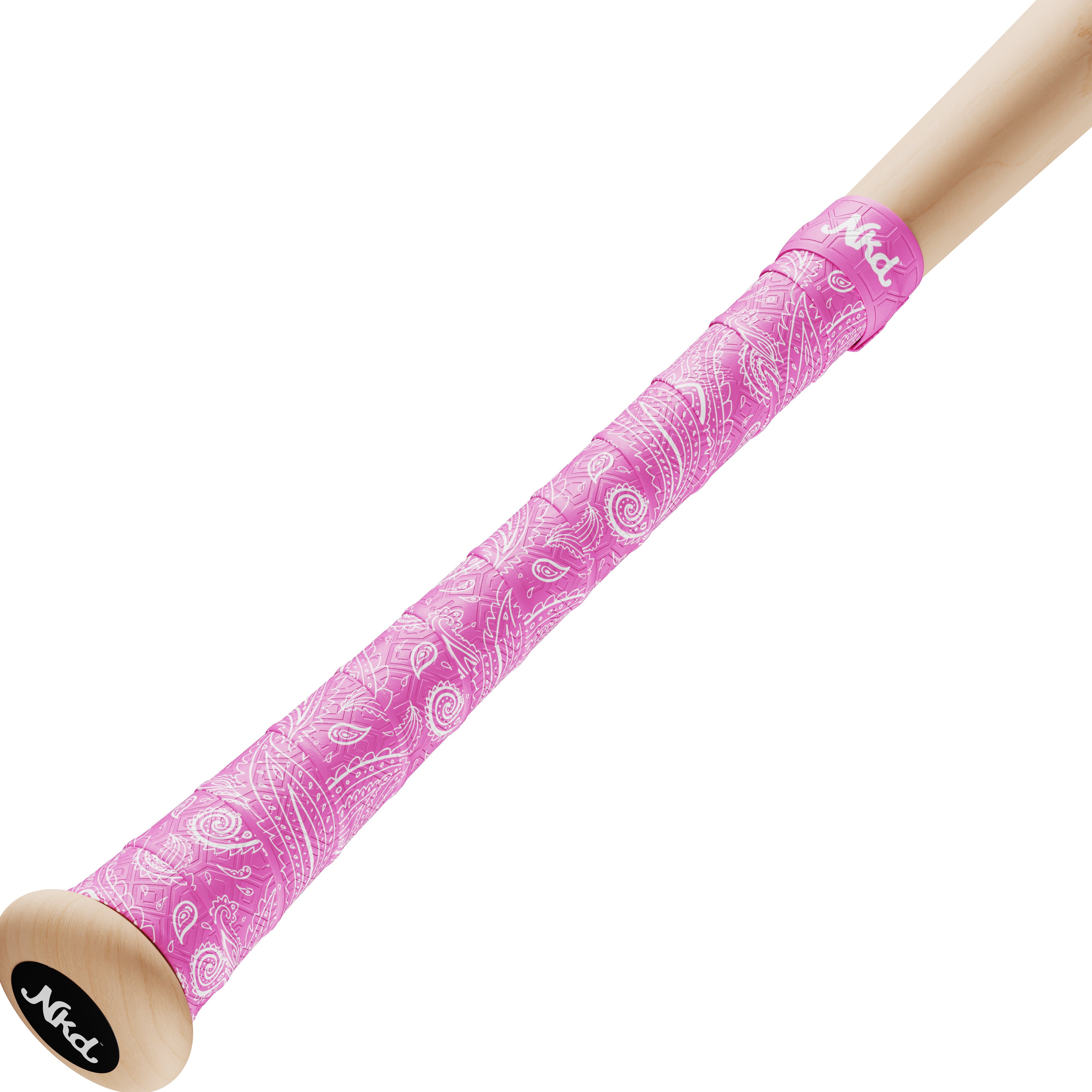 Photo of a wooden bat on a white background wrapped with the naked grips pink paisley bat grip. 