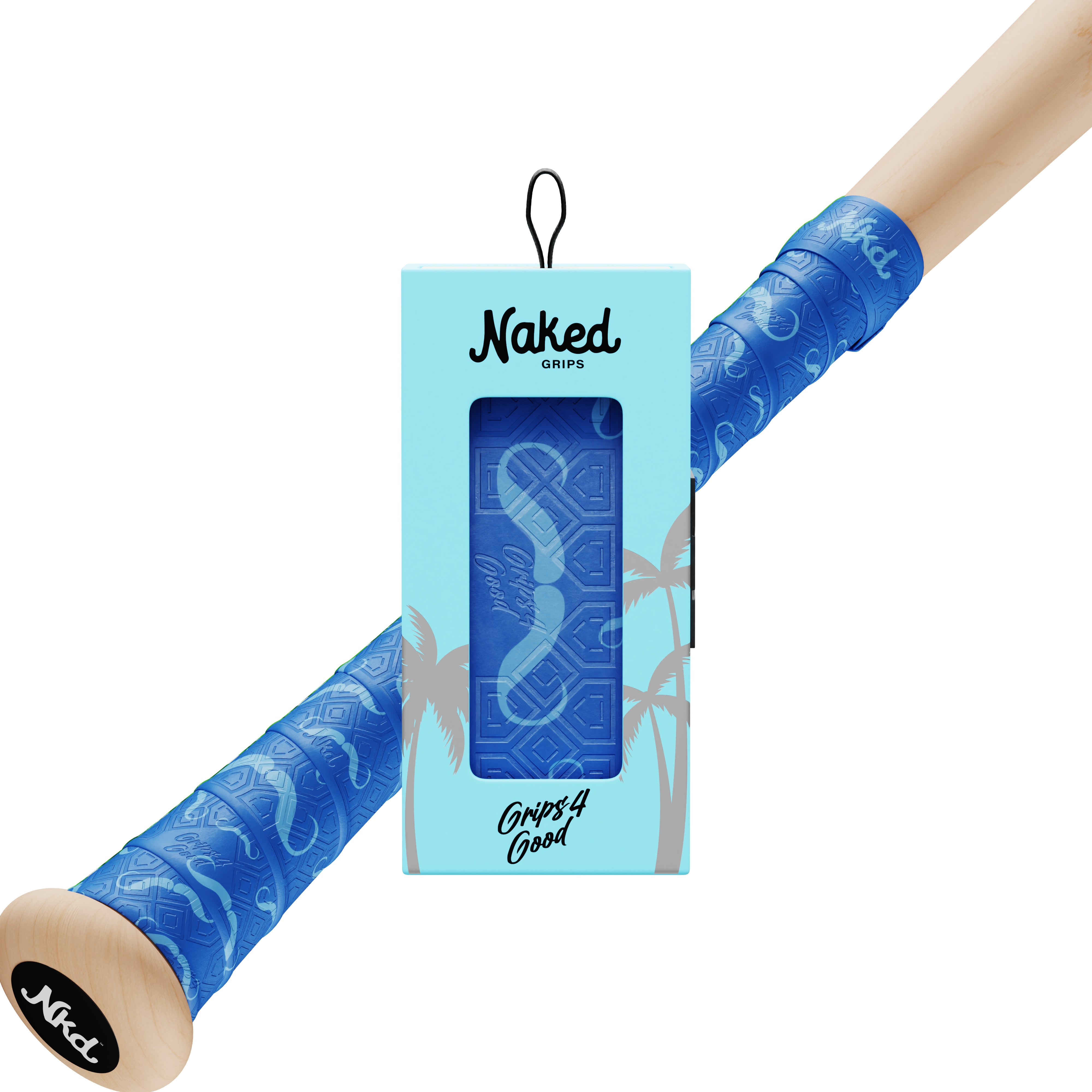 Photo of the prostate grip in its packaging with a wooden bat in the background wrapped with the prostate bat grip on white.