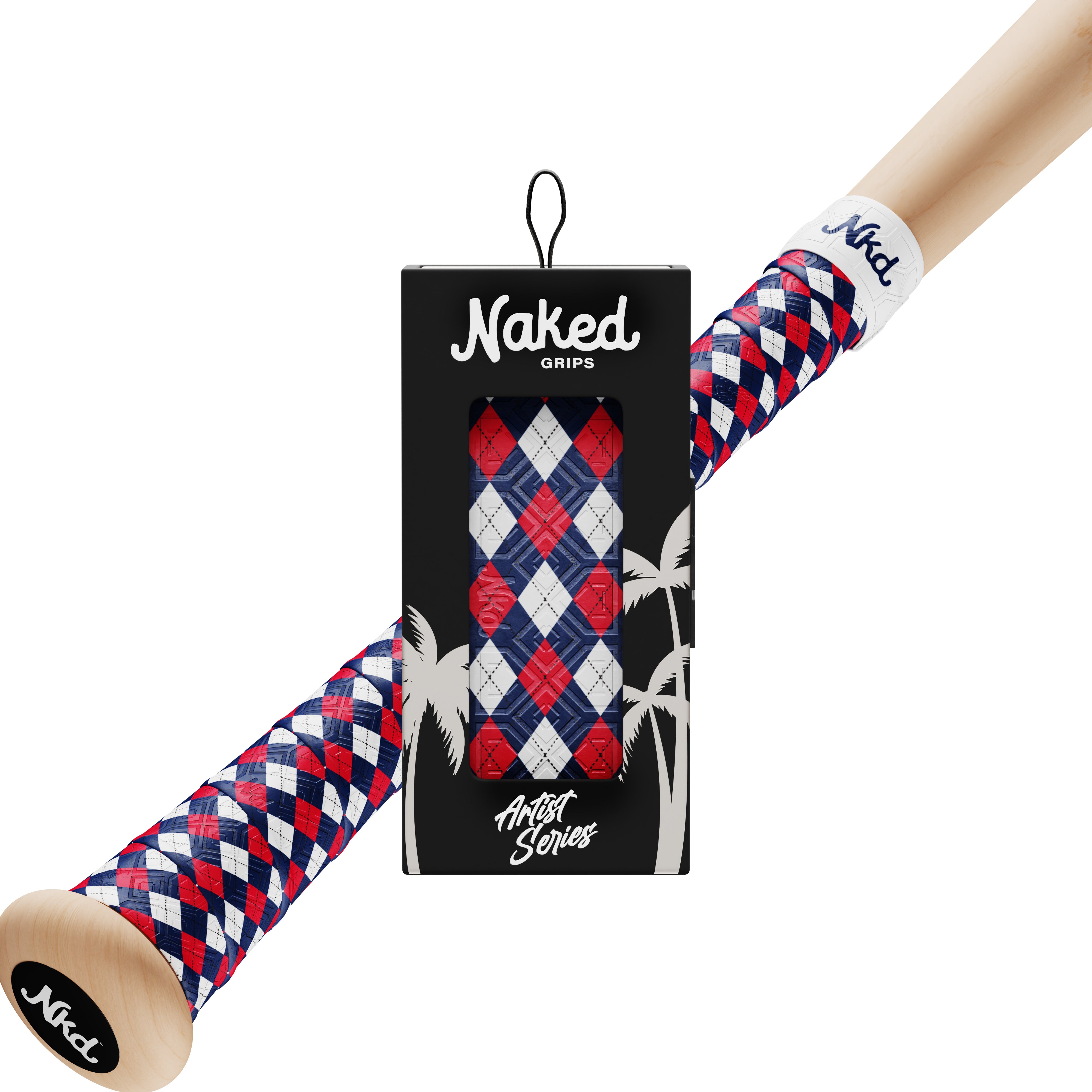 Red, white and blue bat grip in its box with a wooden bat in the background wrapped with the red, white and blue plaid bat grip. 