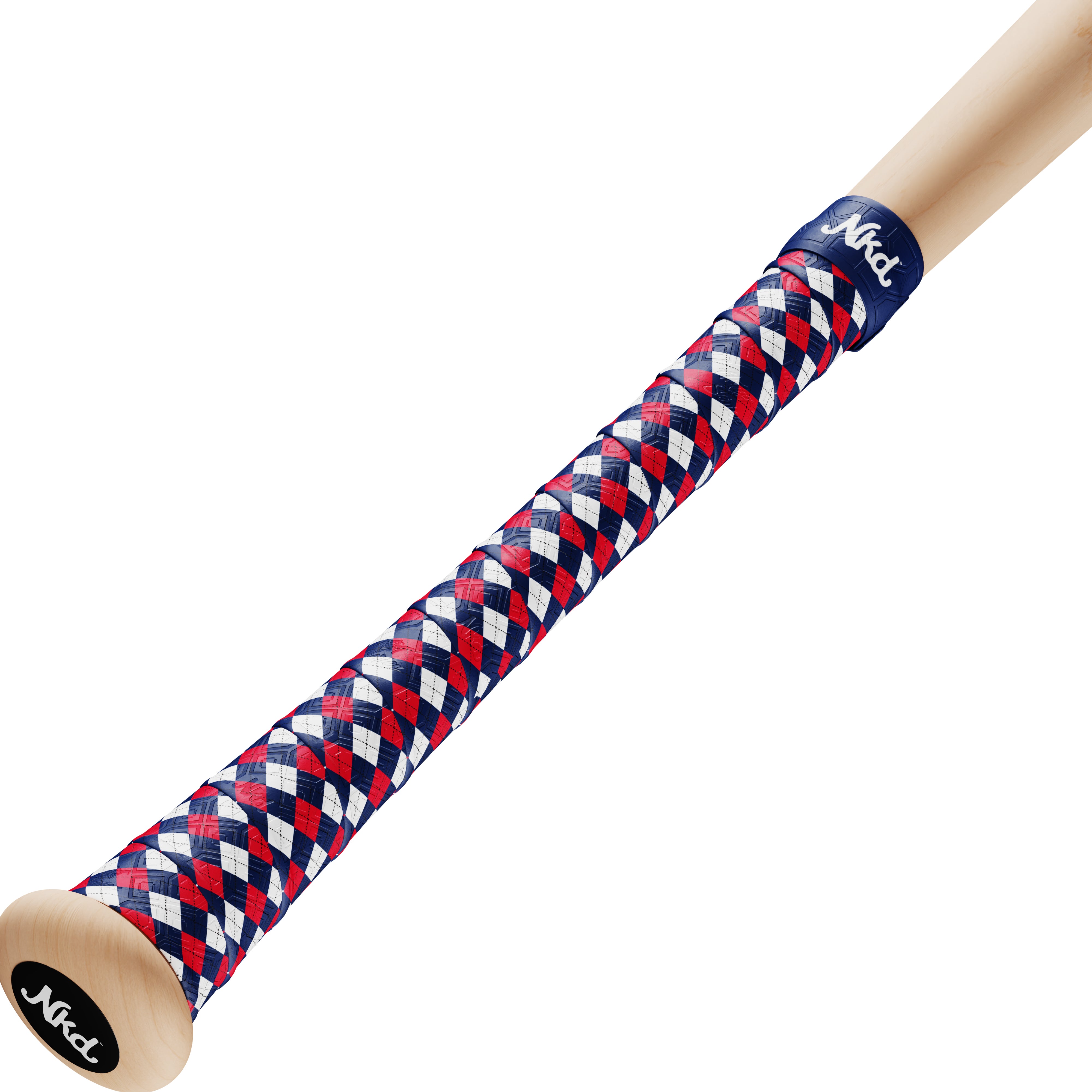 Red, white and blue plaid bat grip wrapped around a wooden bat.