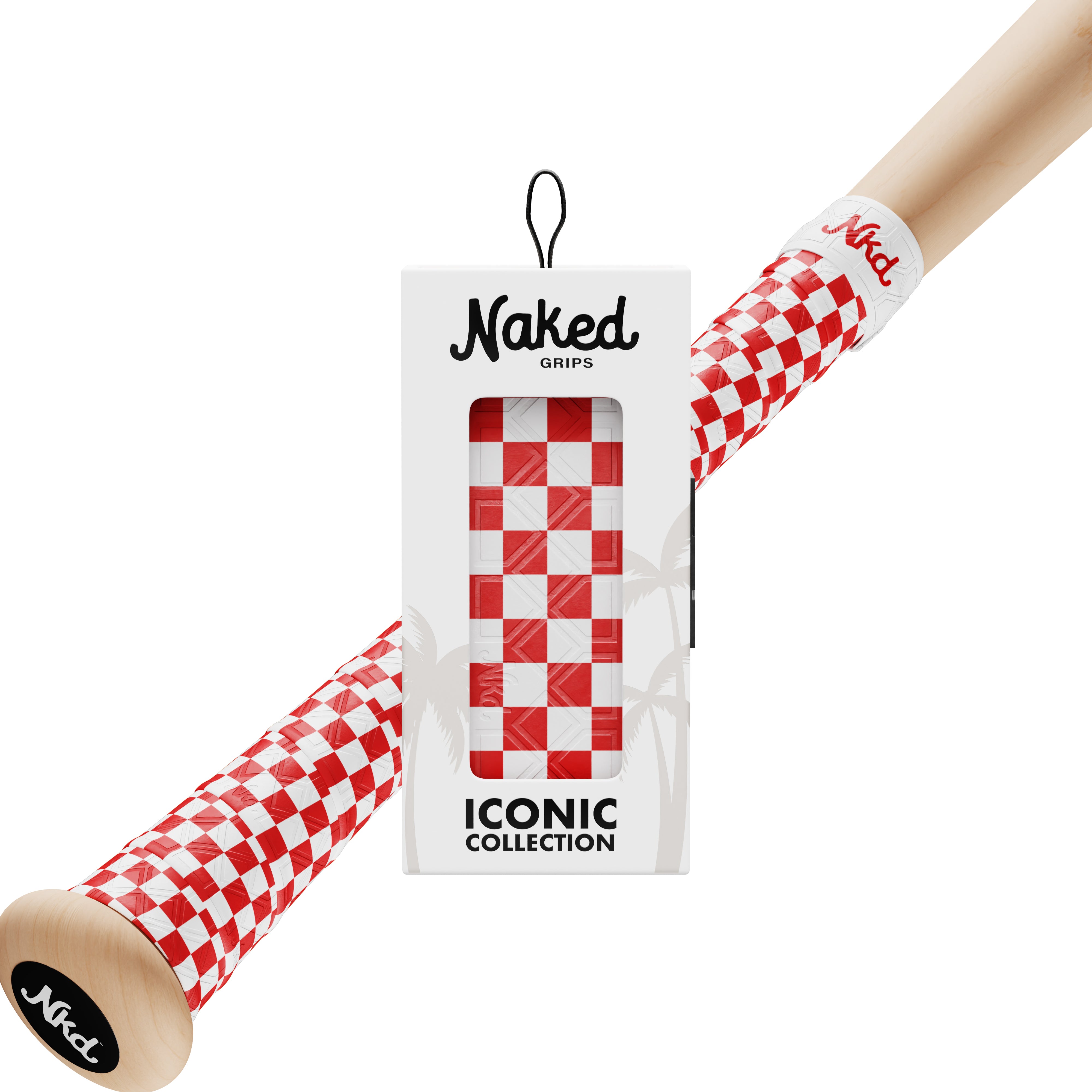 Photo of the red and white checkerboard grip in its packaging with a wooden bat wrapped in the red and white checkerboard grip. 