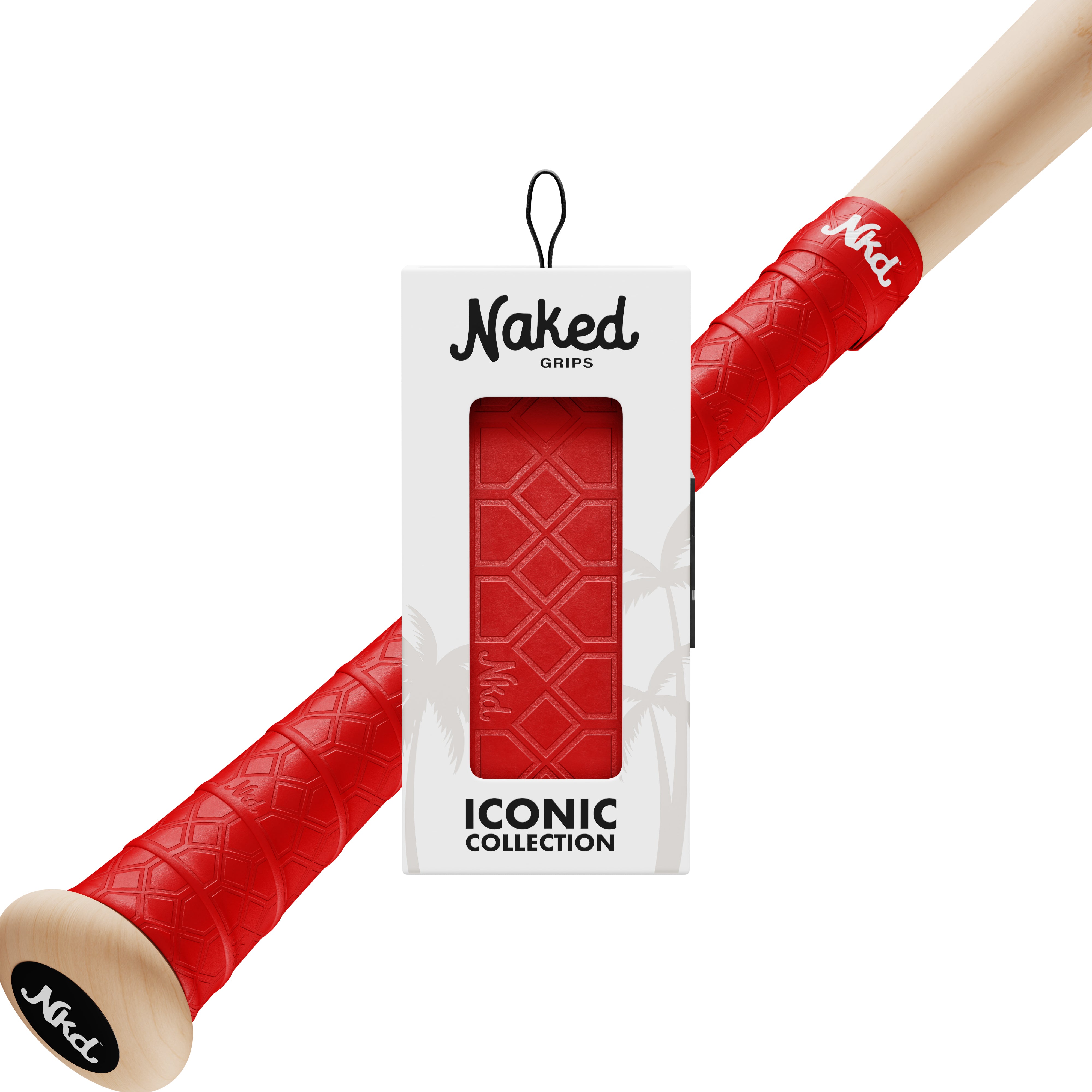Naked grips red bat grip in its packaging with a wooden bat wrapped in the Red bat grip on a white background.