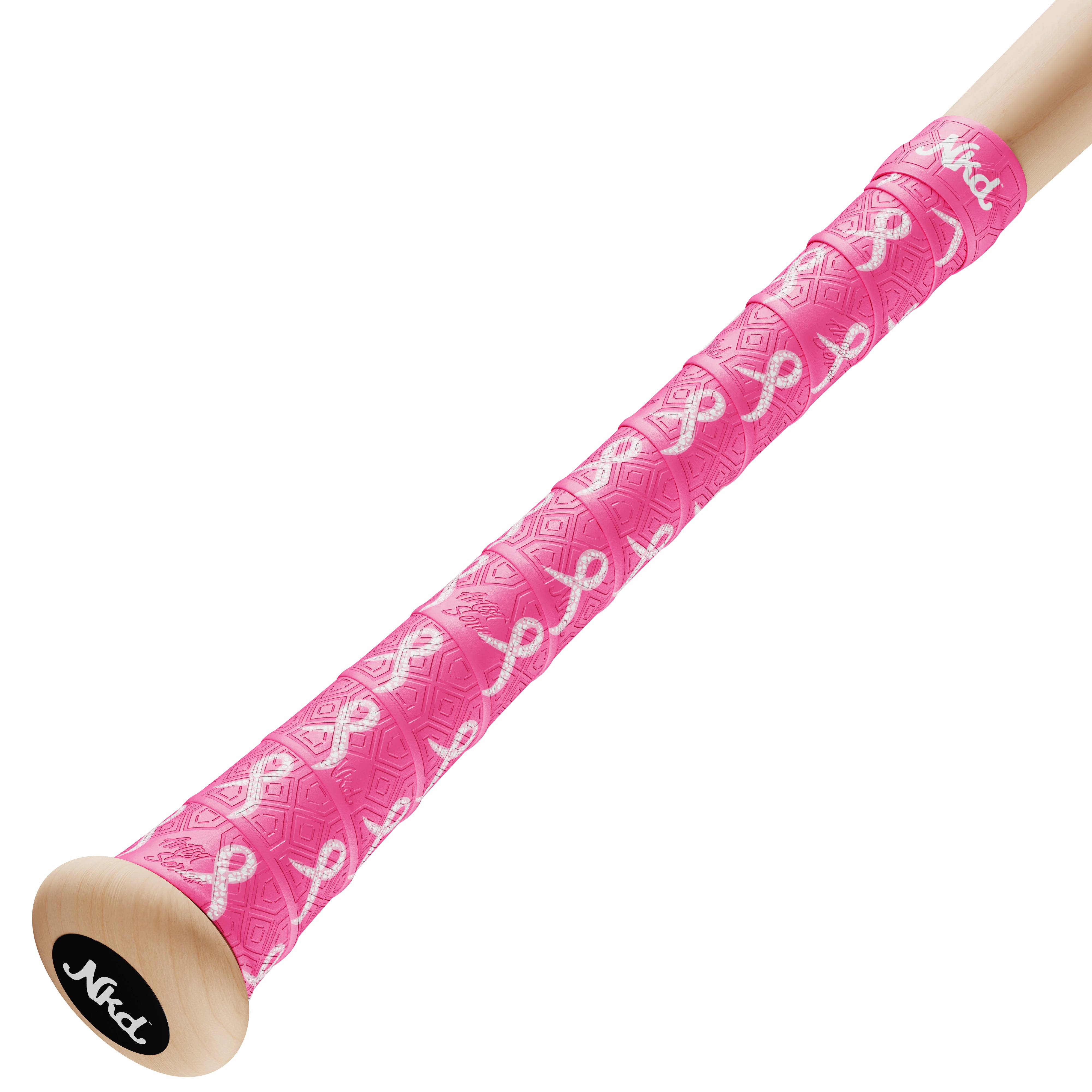 1mm version of Ribbons of Strength Pink baseball bat grip on bat handle with white breast cancer ribbon graphics on a white background.
