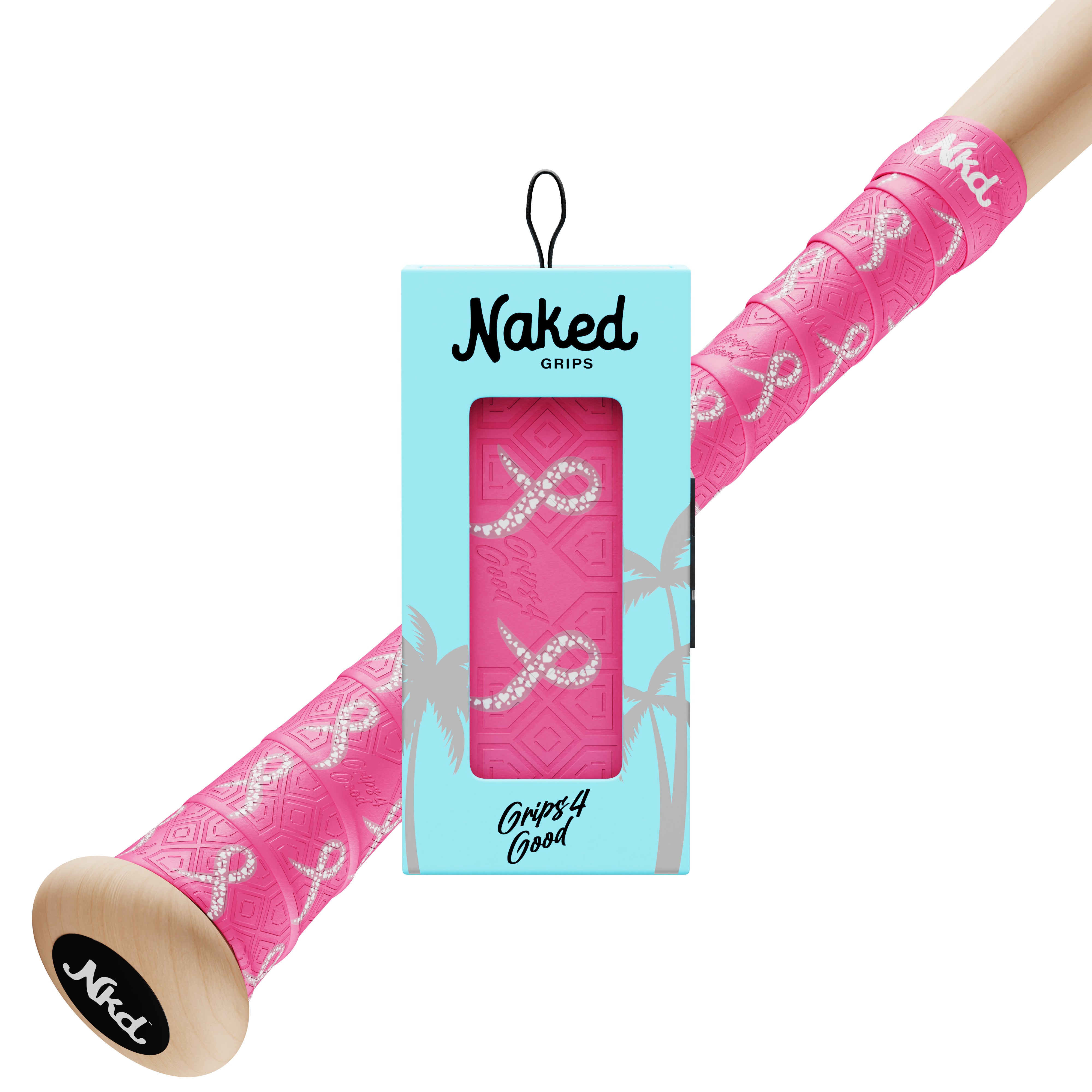 1mm version of Pink Ribbons of Strength breast cancer themed grip with 'Naked Grips' packaging on a white background. Grip design is a breast cancer ribbon made of white hearts with a soft pink background.