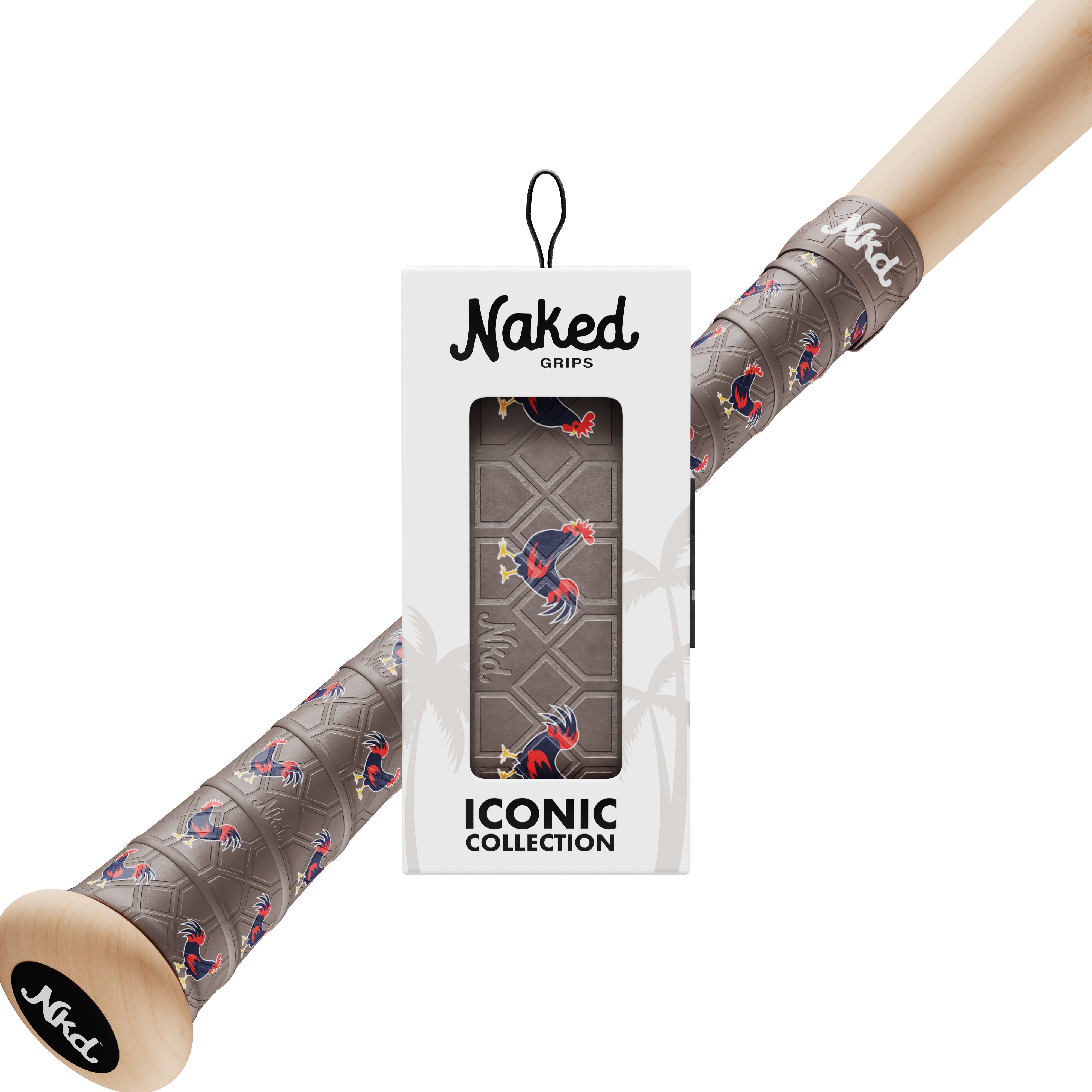 Naked grips rooster bat grip in its packaging with a wooden bat wrapped in the rooster bat grip on a white background.
